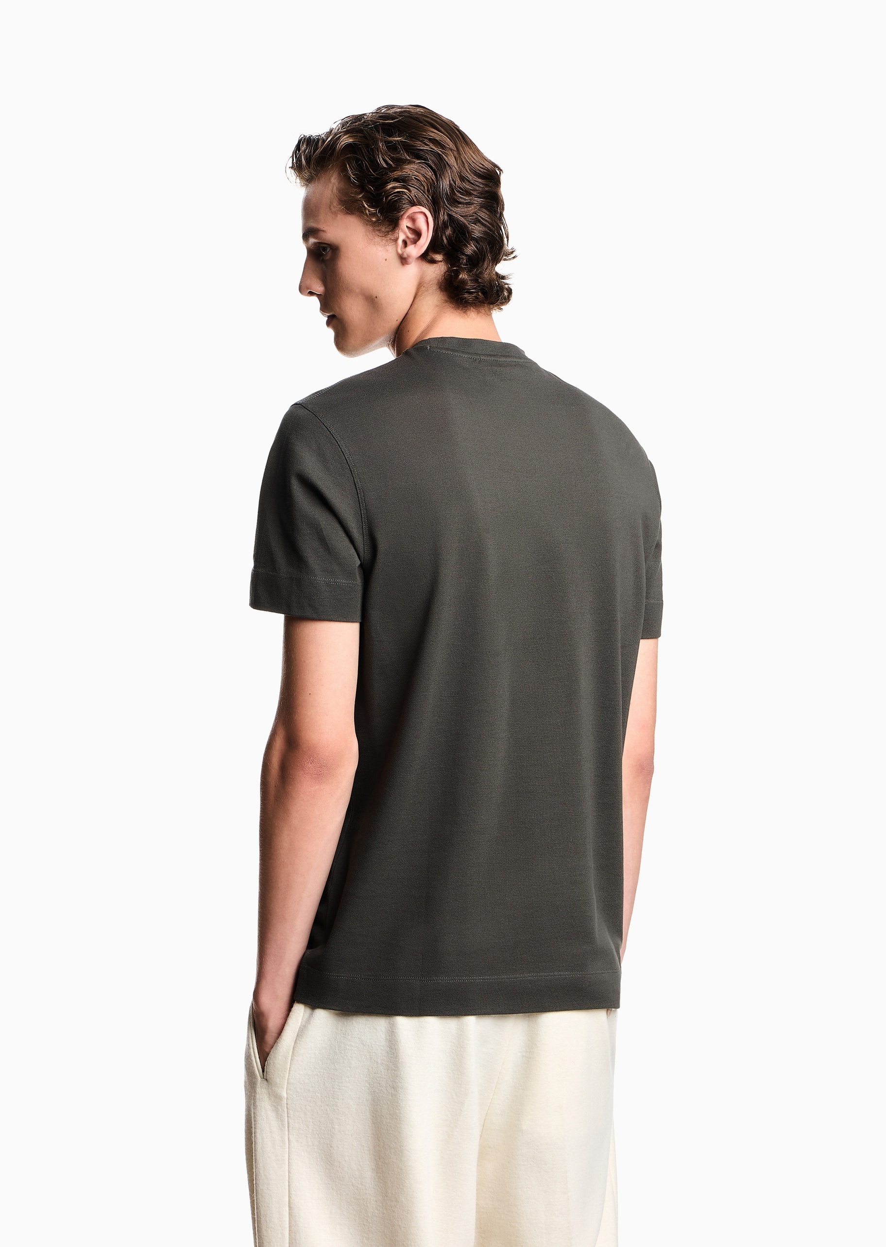 Emporio Armani 男士珠地纯棉合身短袖圆领鹰标刺绣T恤