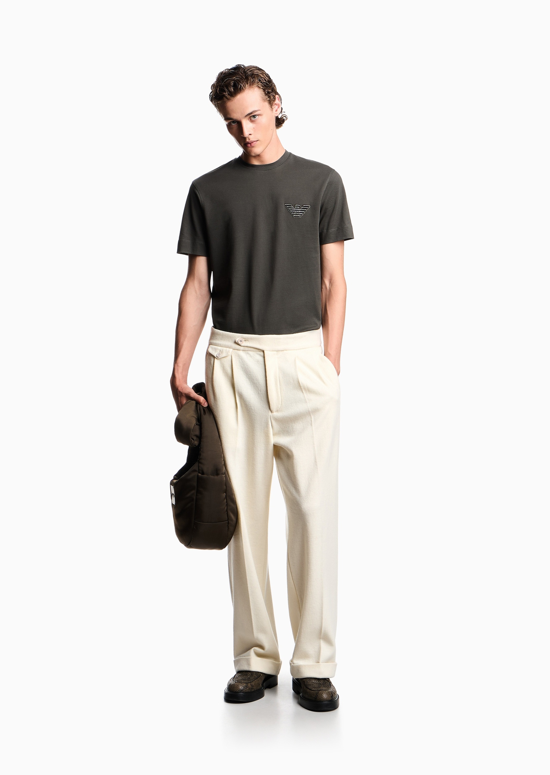 Emporio Armani 男士珠地纯棉合身短袖圆领鹰标刺绣T恤