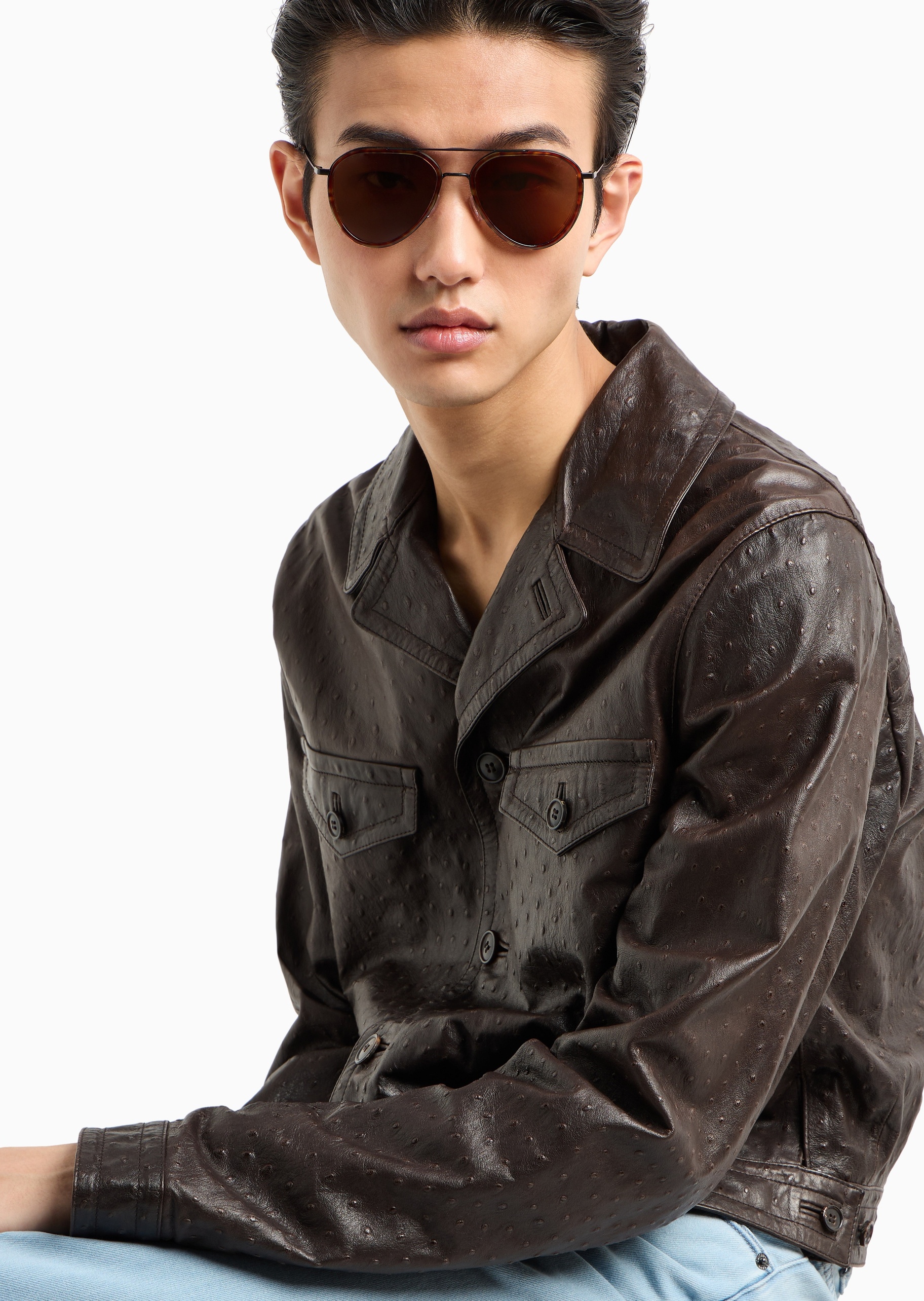Emporio Armani 男士透明框飞行员复古斑纹太阳眼镜