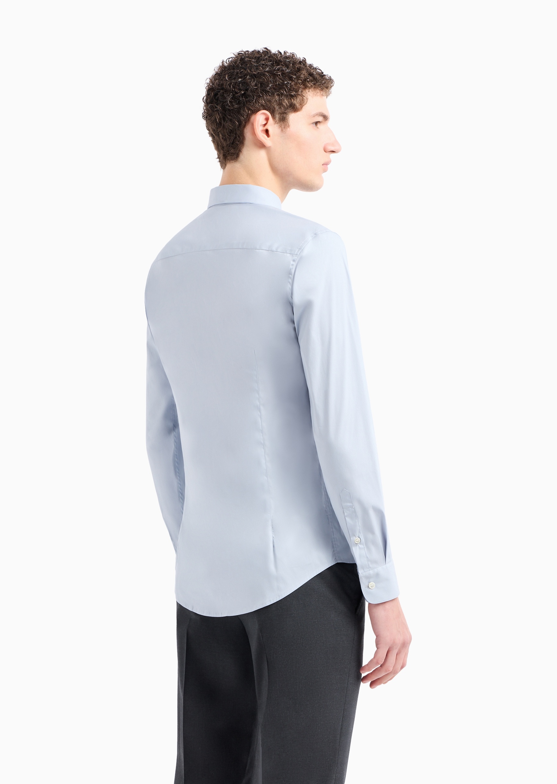 Emporio Armani 男士棉质微弹修身长袖翻领纯色衬衫