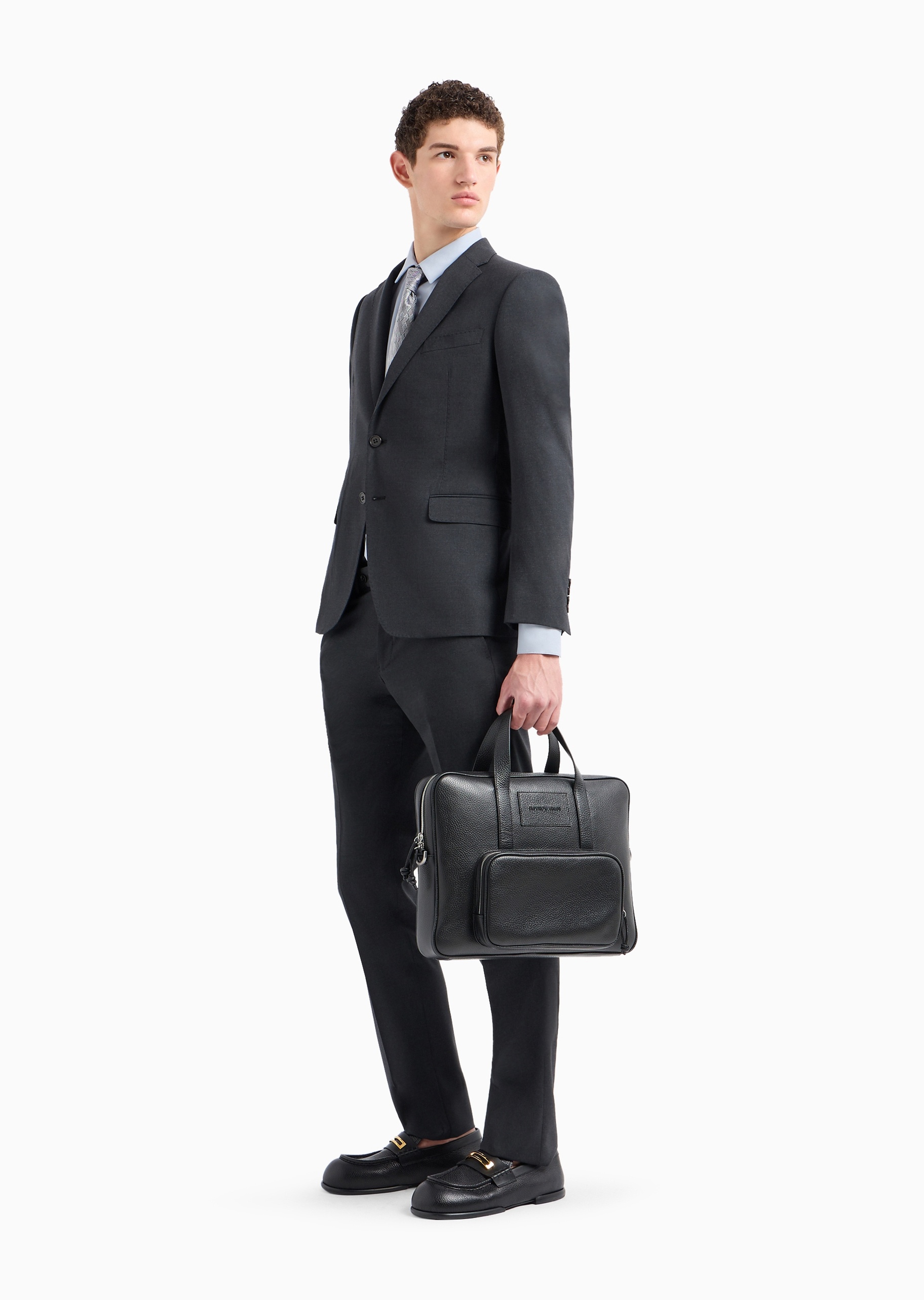 Emporio Armani 男士棉质微弹修身长袖翻领纯色衬衫