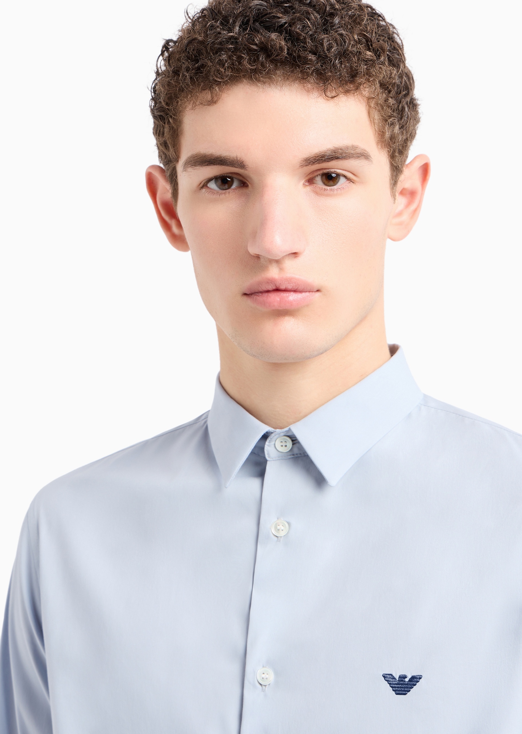 Emporio Armani 男士棉质微弹修身长袖翻领纯色衬衫