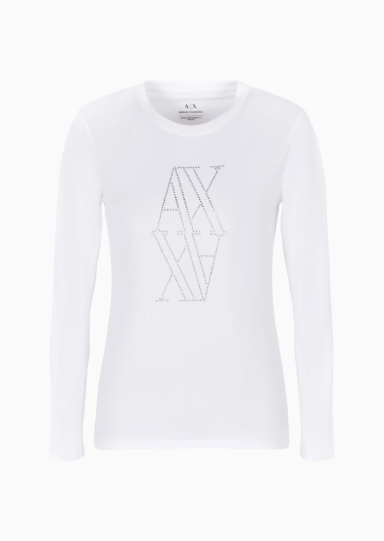 ARMANI EXCHANGE 女士纯棉弹力合身长袖圆领LOGO贴钻T恤