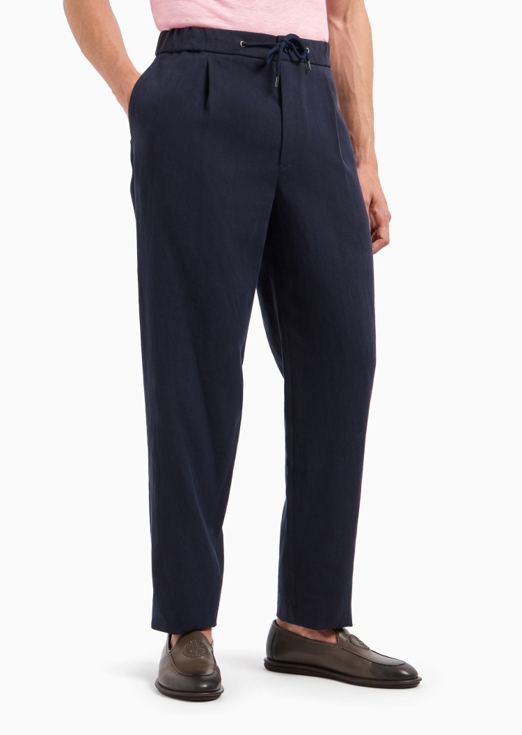 Giorgio Armani 男士亚麻合身系带腰长款直筒纯色休闲裤