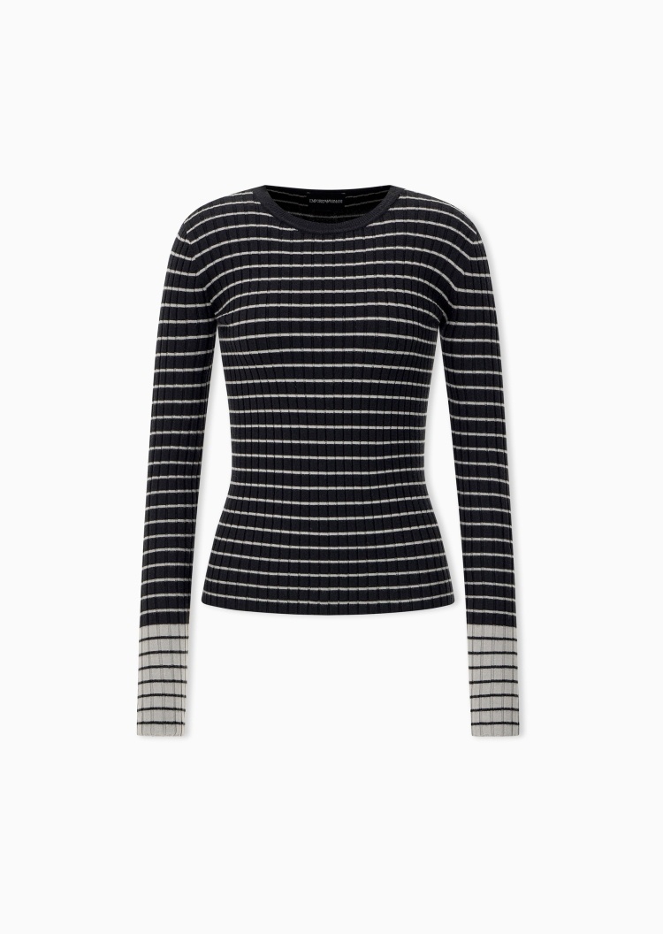 Emporio Armani 女士修身长袖圆领通体条纹针织衫