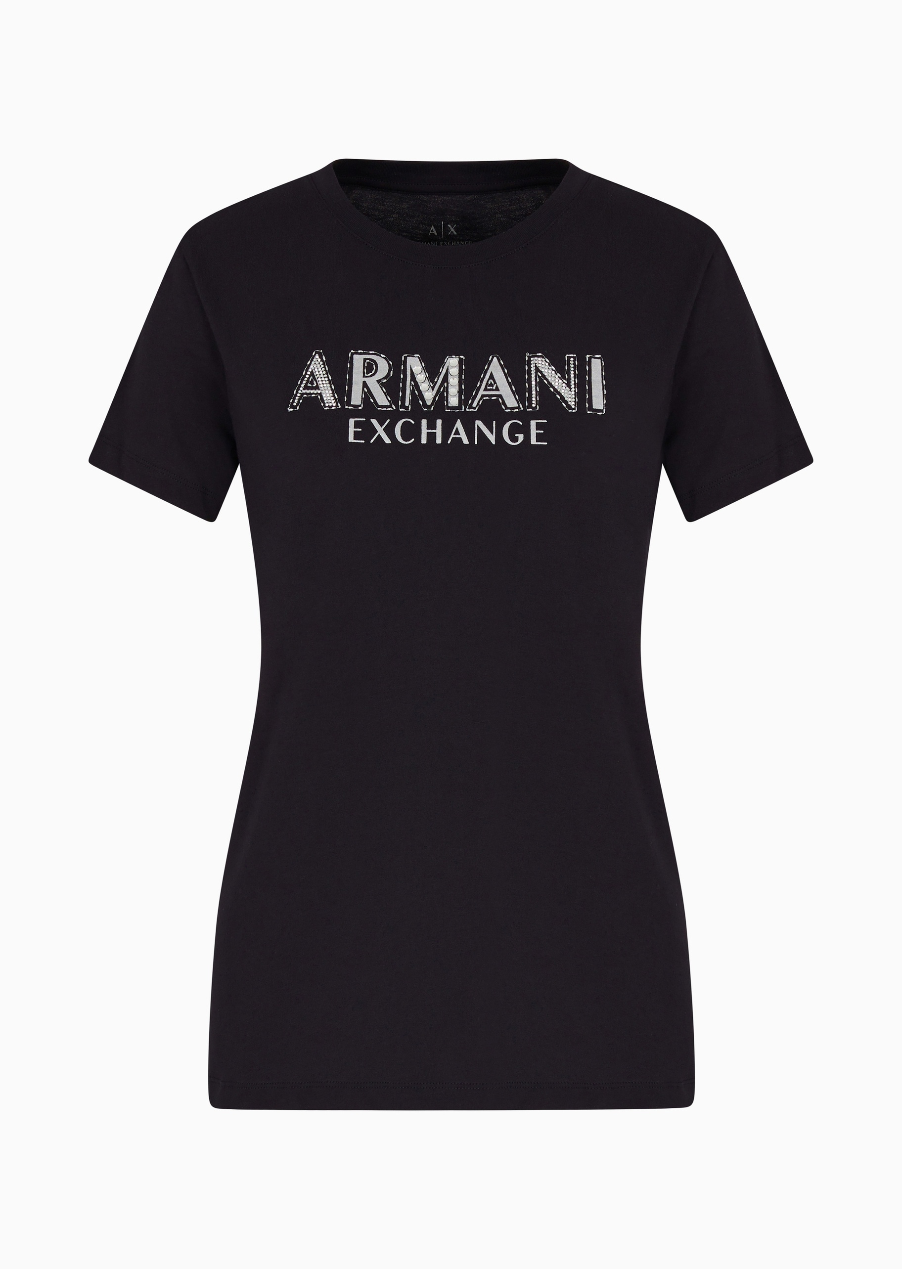 ARMANI EXCHANGE 女士全棉合身短袖圆领水钻标识T恤