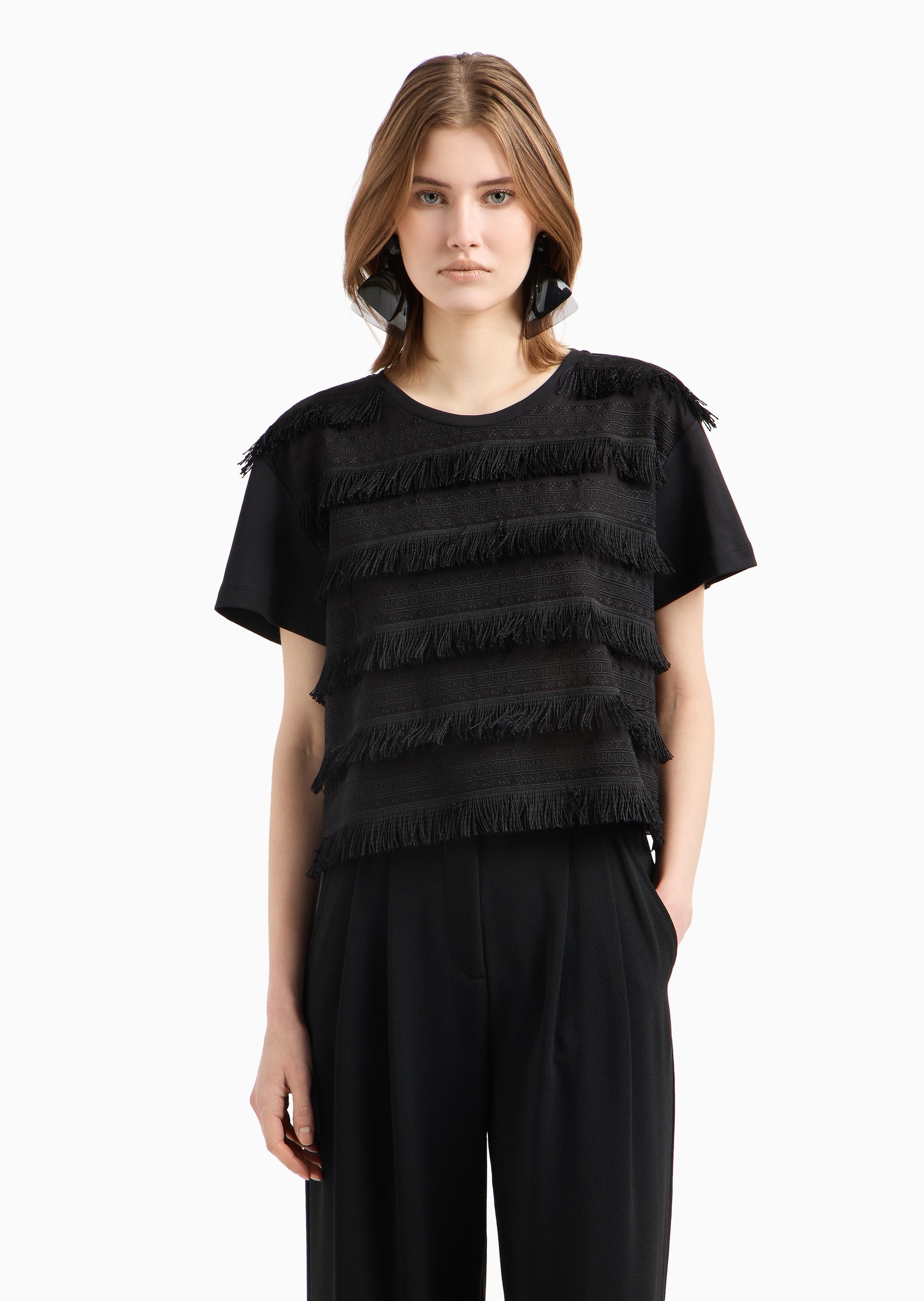 Emporio Armani 女士宽松短袖圆领刺绣流苏时尚T恤
