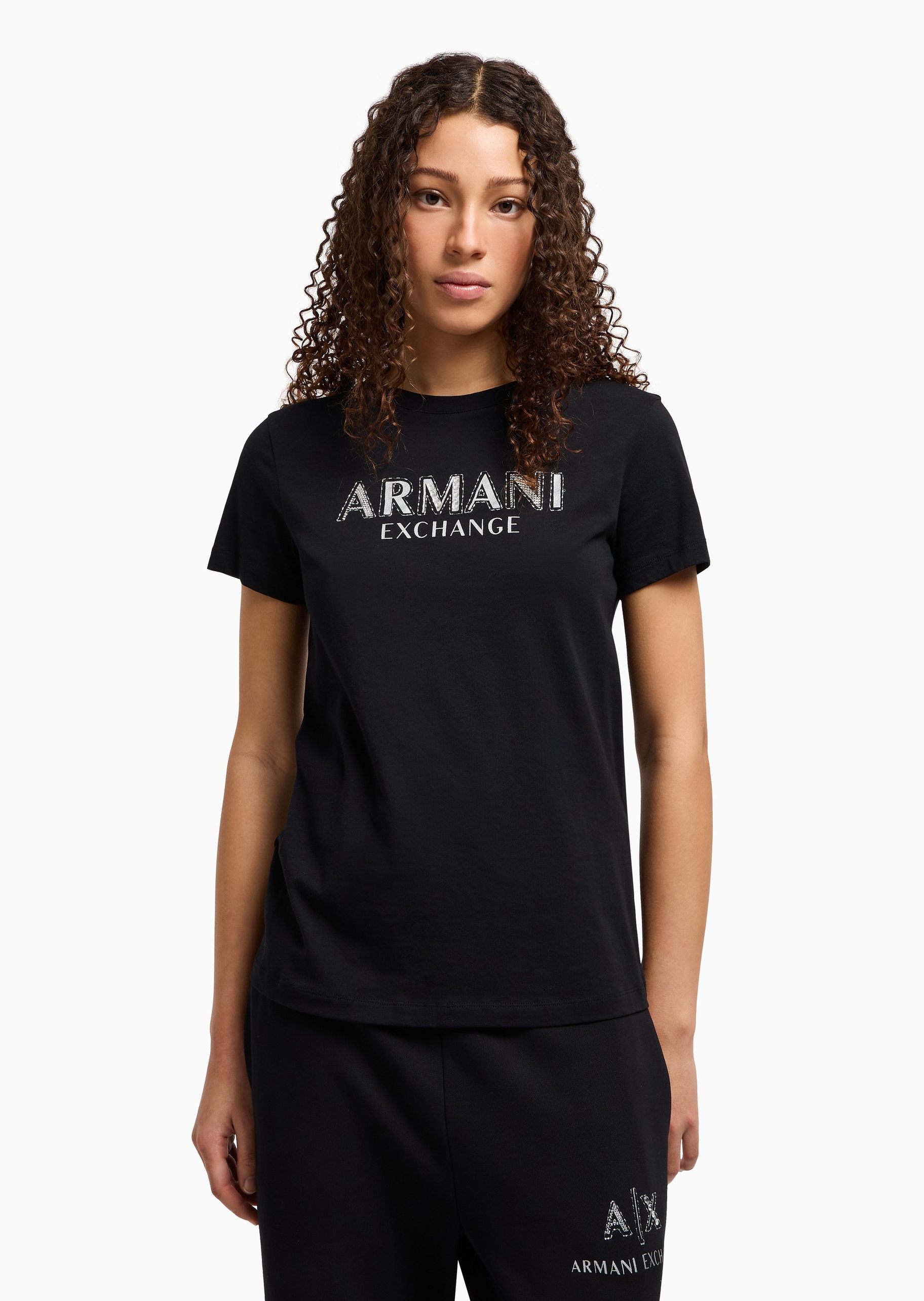 ARMANI EXCHANGE 女士全棉合身短袖圆领水钻标识T恤