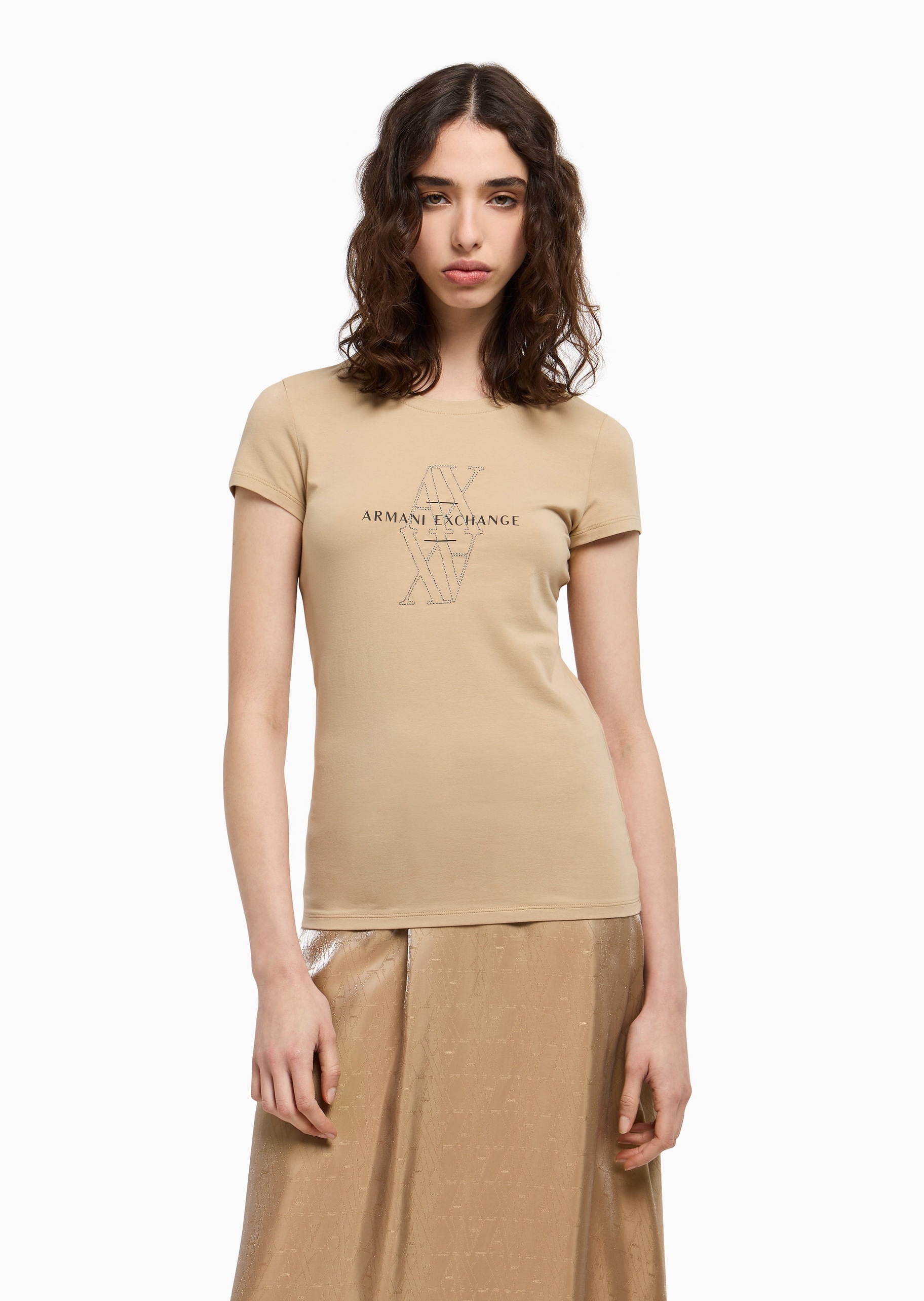 ARMANI EXCHANGE 女士棉质弹力修身短袖圆领标识刺绣T恤