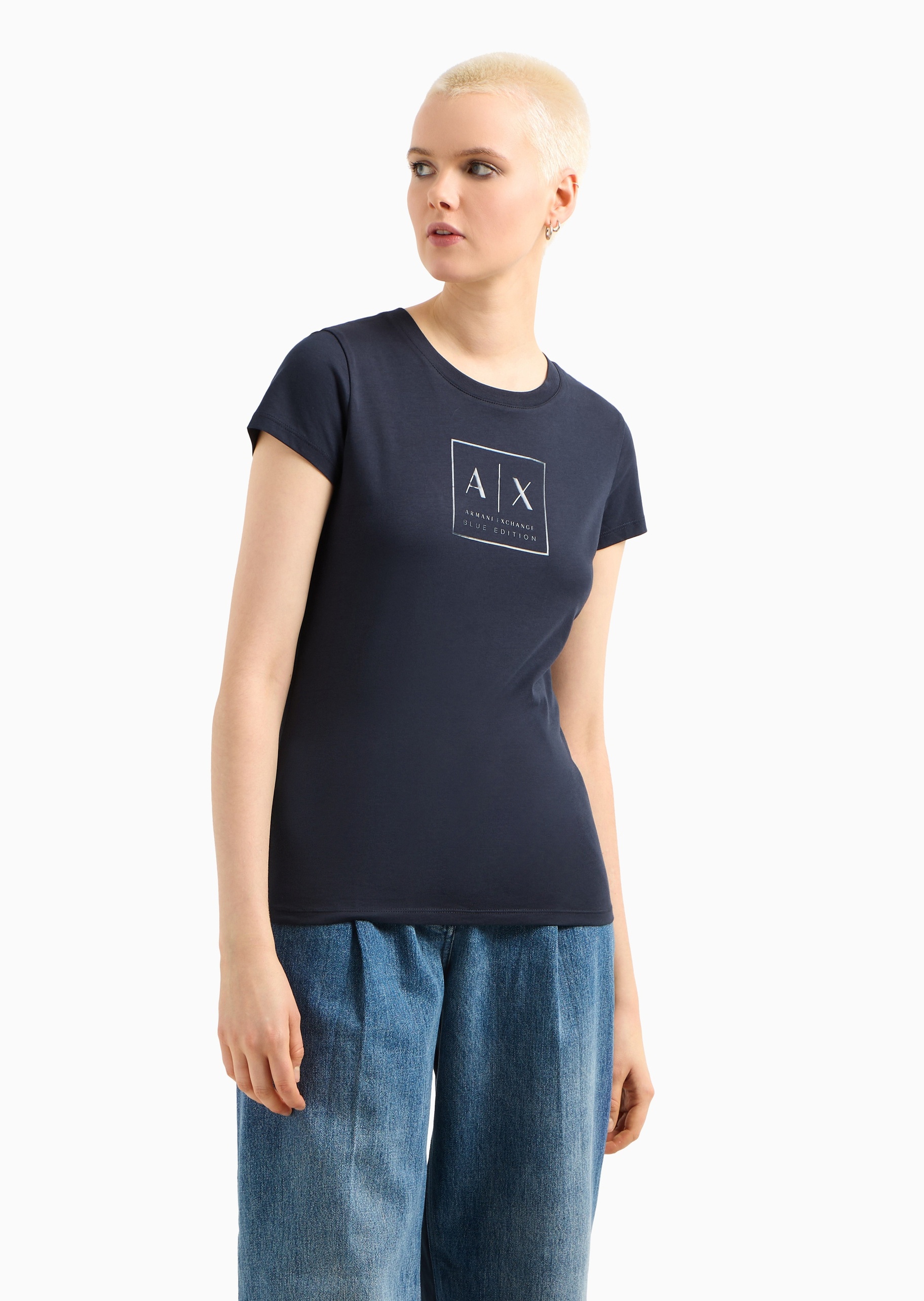 ARMANI EXCHANGE 女士全棉修身短袖圆领纯色印花T恤