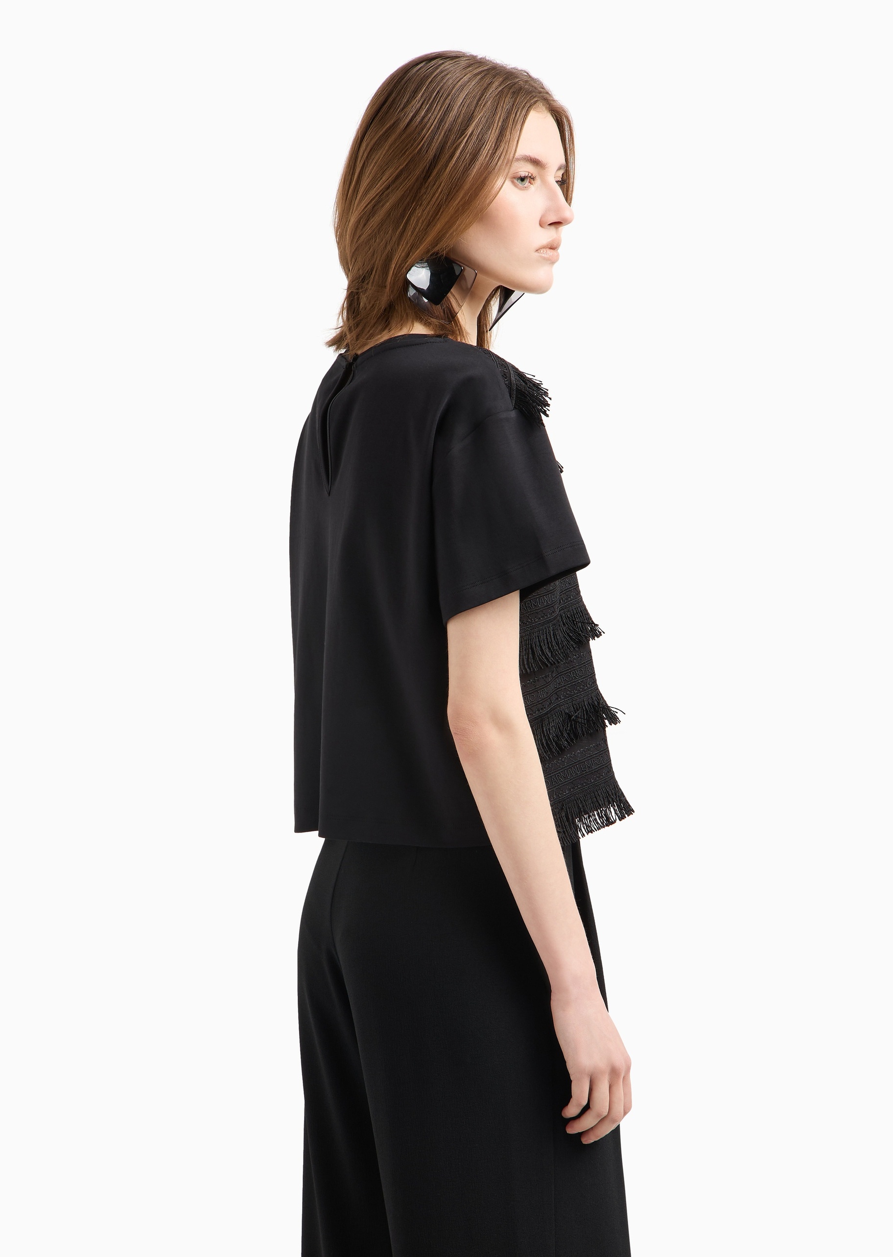 Emporio Armani 女士宽松短袖圆领刺绣流苏时尚T恤