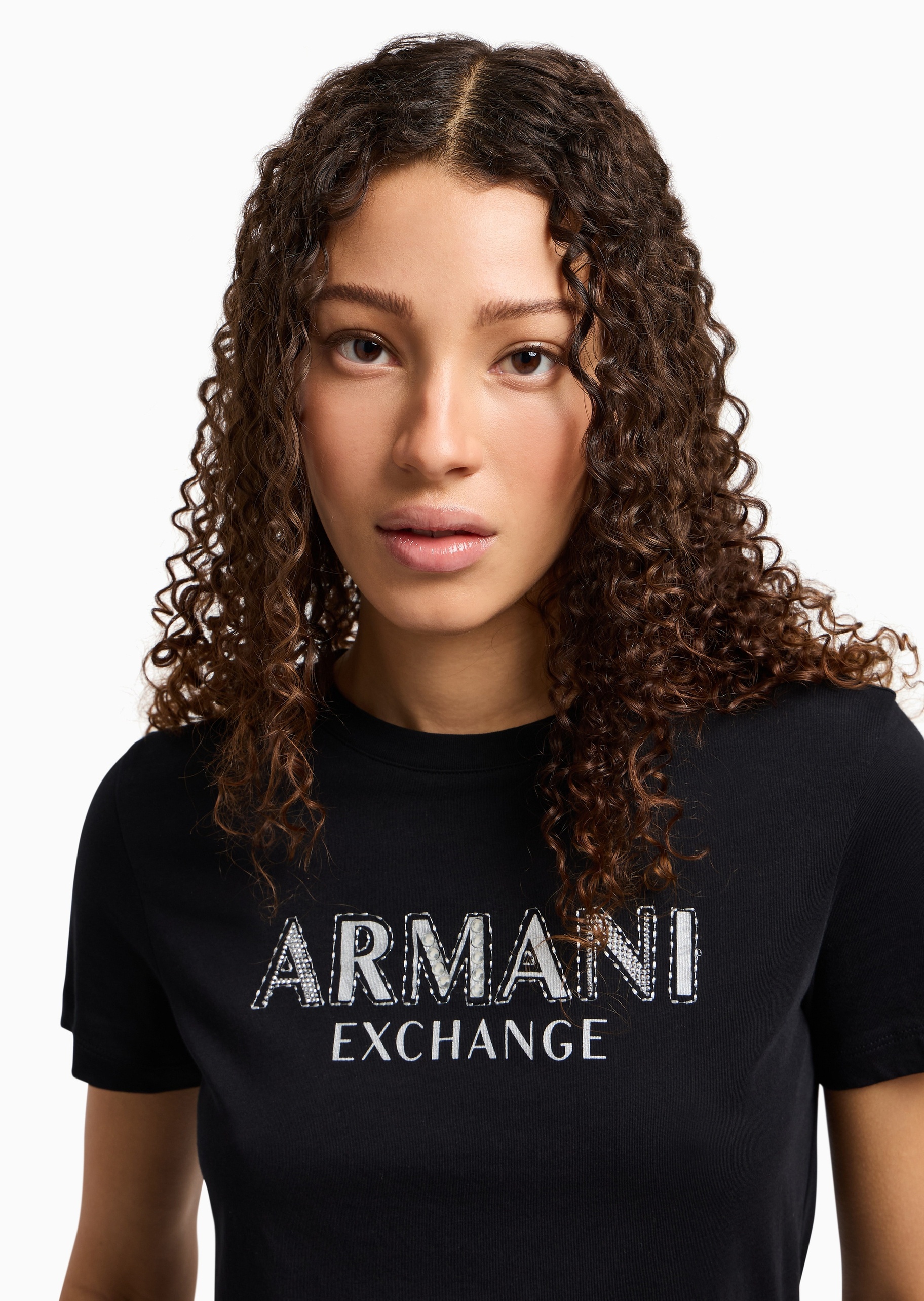 ARMANI EXCHANGE 女士全棉合身短袖圆领水钻标识T恤