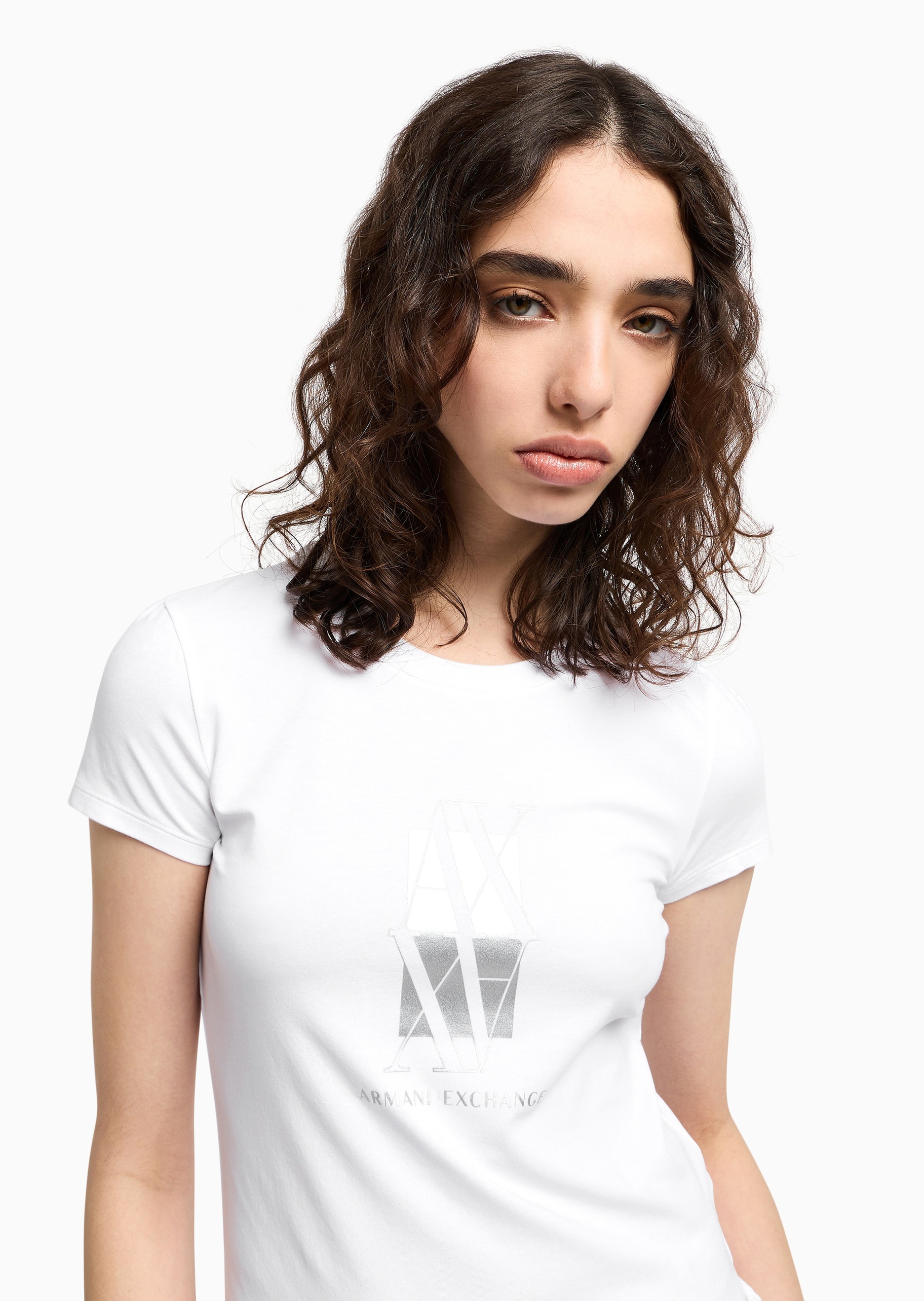 ARMANI EXCHANGE 女士棉质弹力修身短袖圆领印花休闲T恤