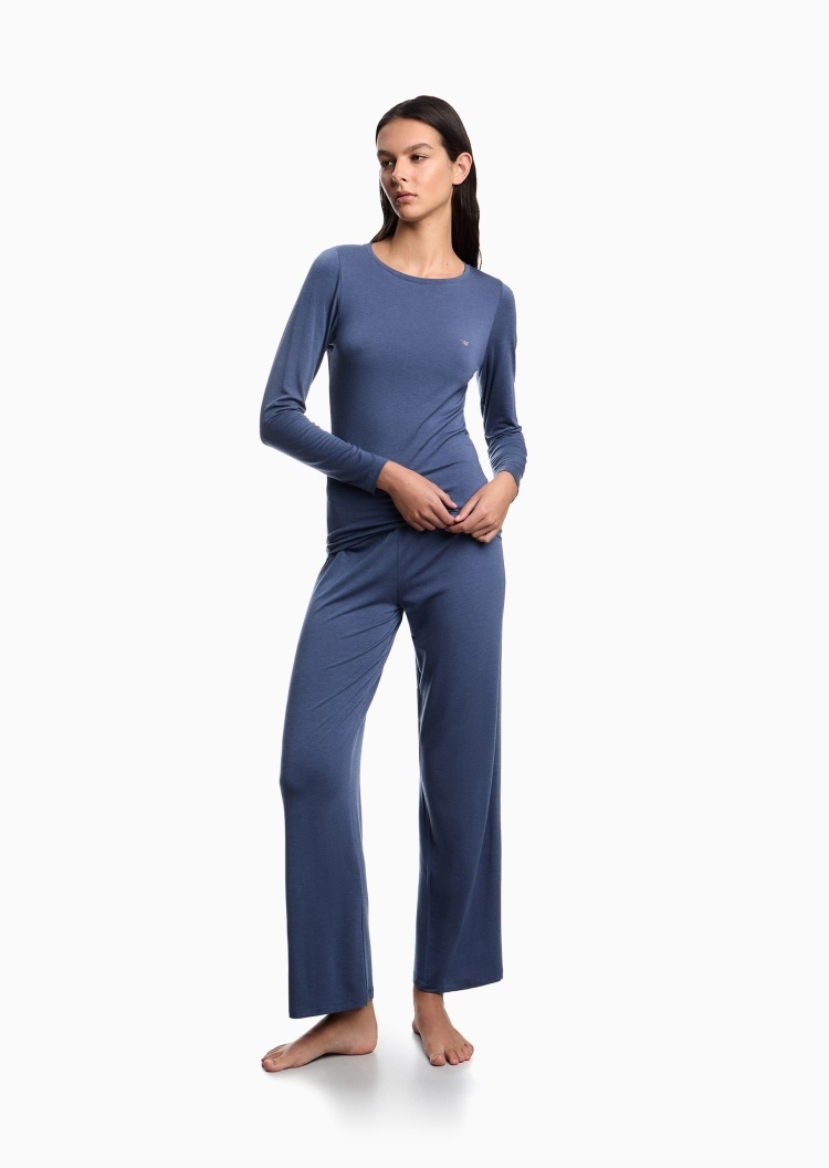 Emporio Armani 女士莱赛尔圆领长袖长裤水钻鹰标睡衣套装
