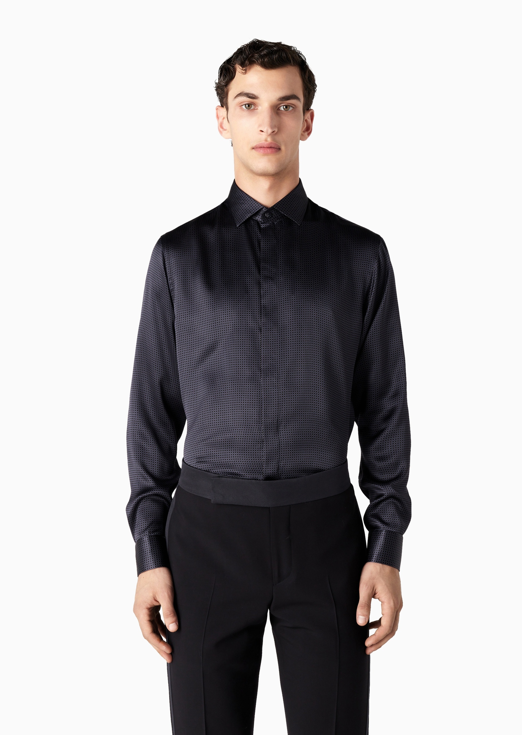 Giorgio Armani 男士桑蚕丝合身长袖翻领通体几何图案衬衫