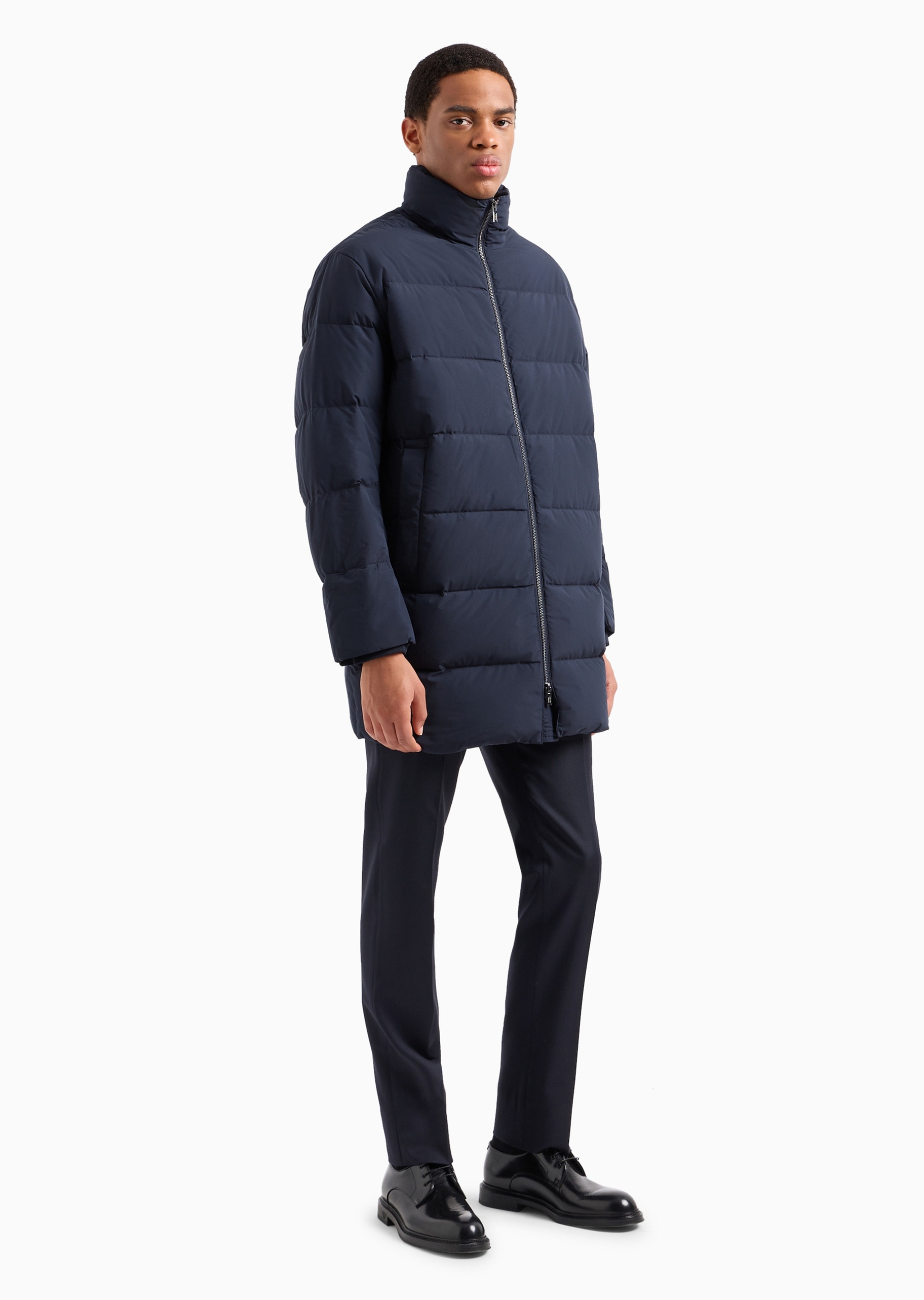 Emporio Armani 男士宽松长袖中长款立领微落肩羽绒服