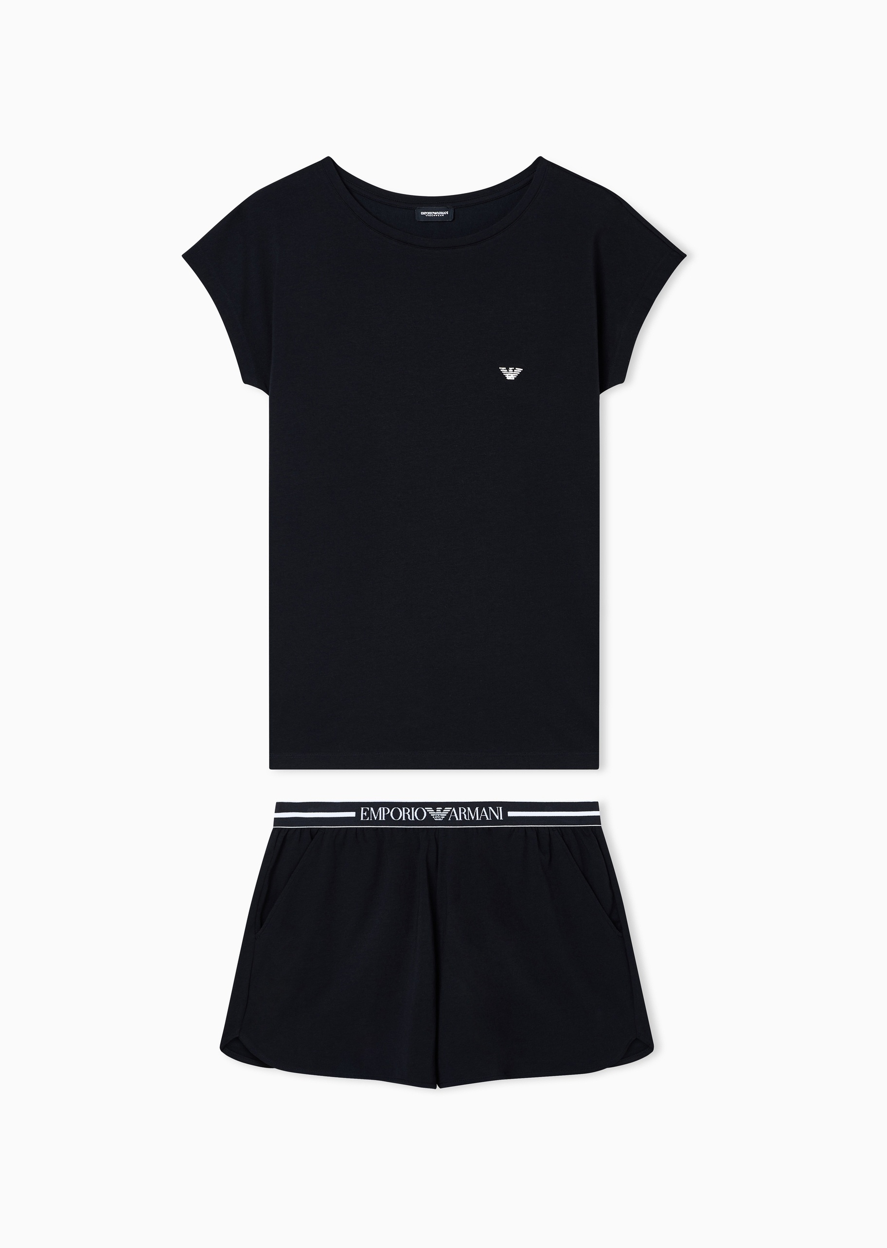 Emporio Armani 女士纯棉弹力圆领短袖T恤短裤刺绣睡衣套装