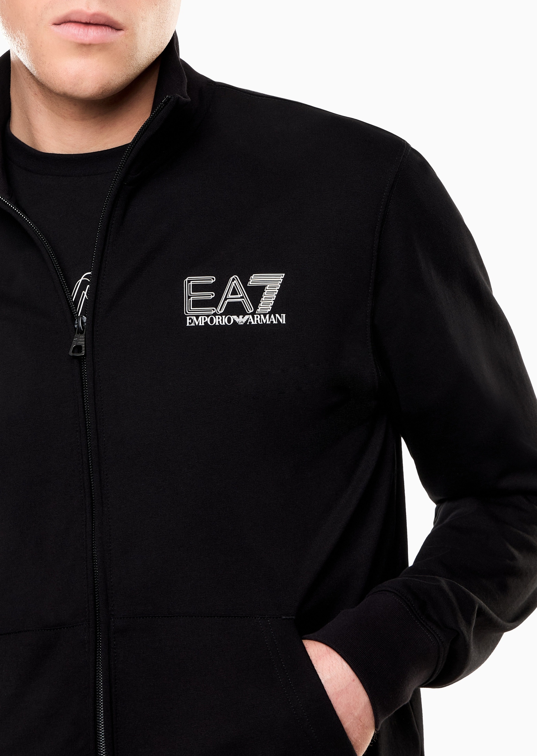 EA7 男士纯棉立领开衫束脚卫裤毛圈运动套装