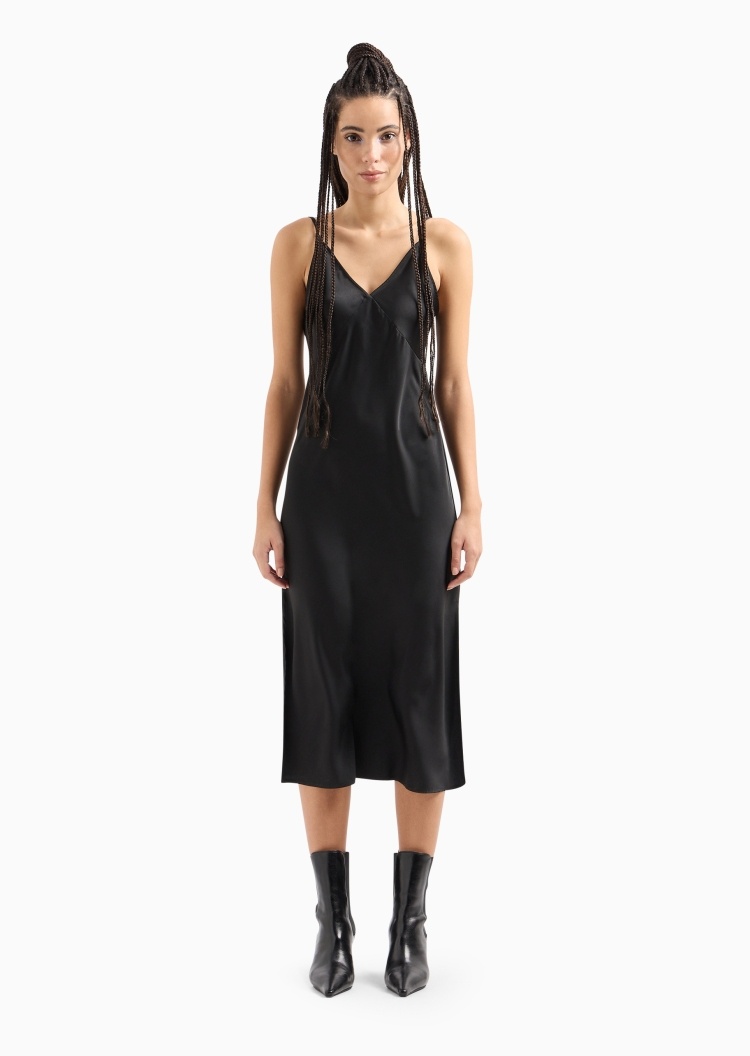 ARMANI EXCHANGE 女士合身无袖吊带中长款V领优雅纯色连衣裙