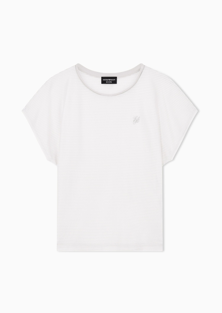 Emporio Armani 女士短袖圆领落肩条纹刺绣老钱风针织T恤