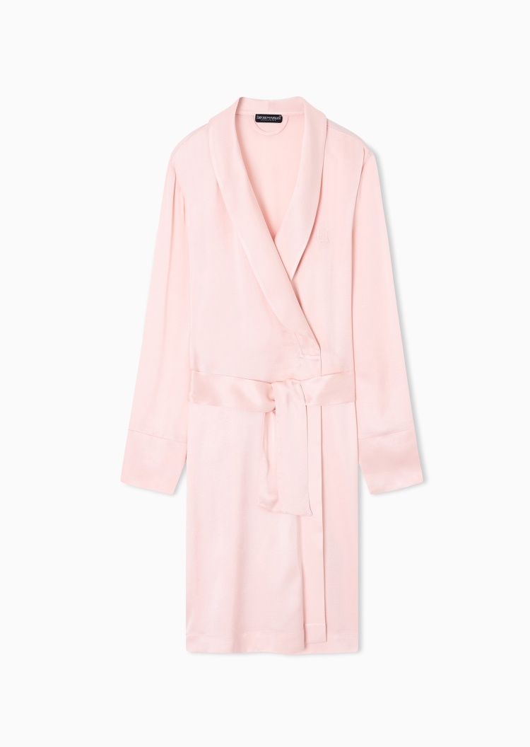 Emporio Armani 女士长袖翻领系带刺绣休闲家居晨袍