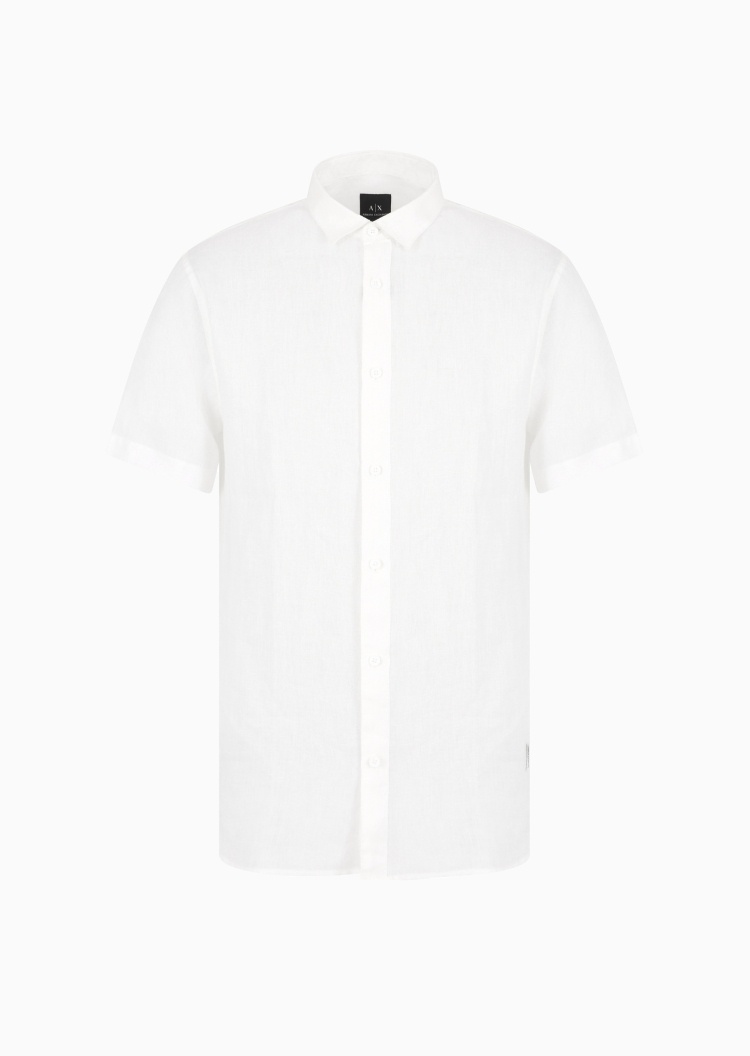 ARMANI EXCHANGE 男士亚麻合身短袖翻领纽扣纯色衬衫