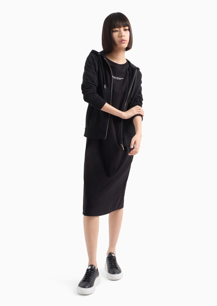 ARMANI EXCHANGE 女士全棉合身中袖圆领开衩下摆连衣裙