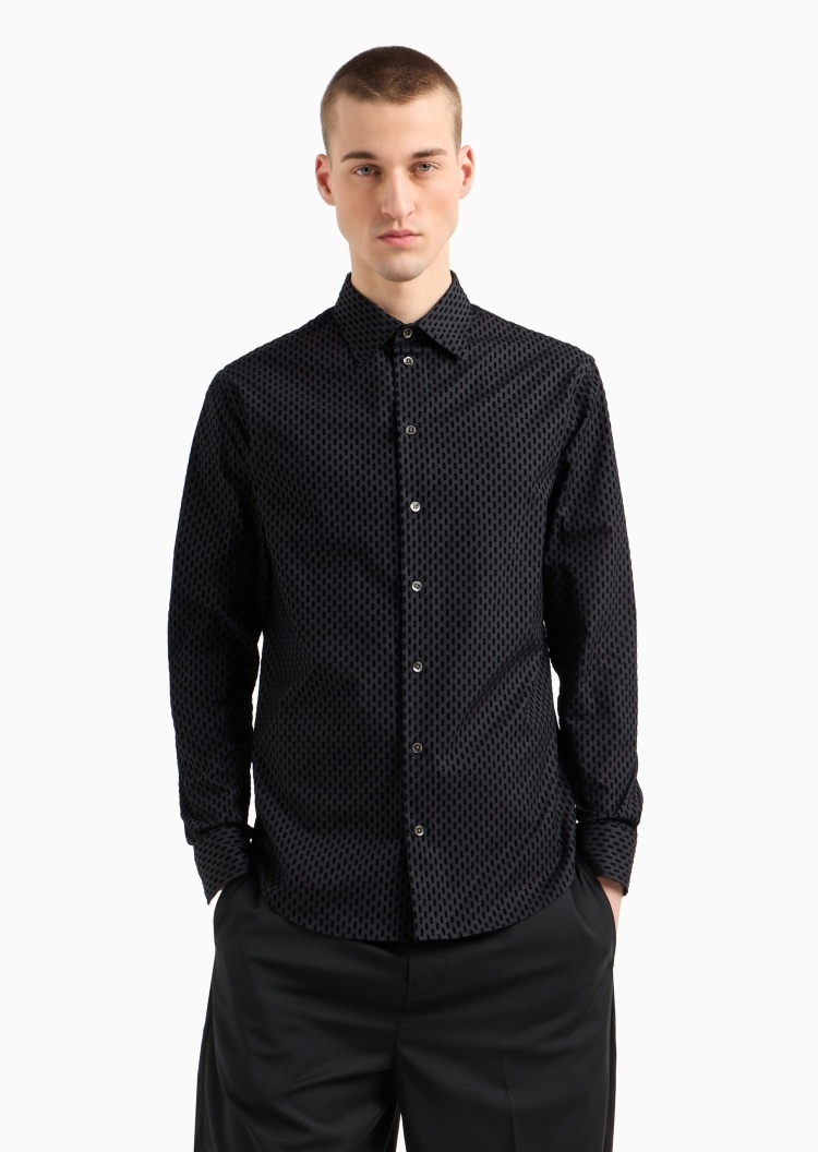 Emporio Armani 男士全棉合身长袖翻领通体植绒印花衬衫