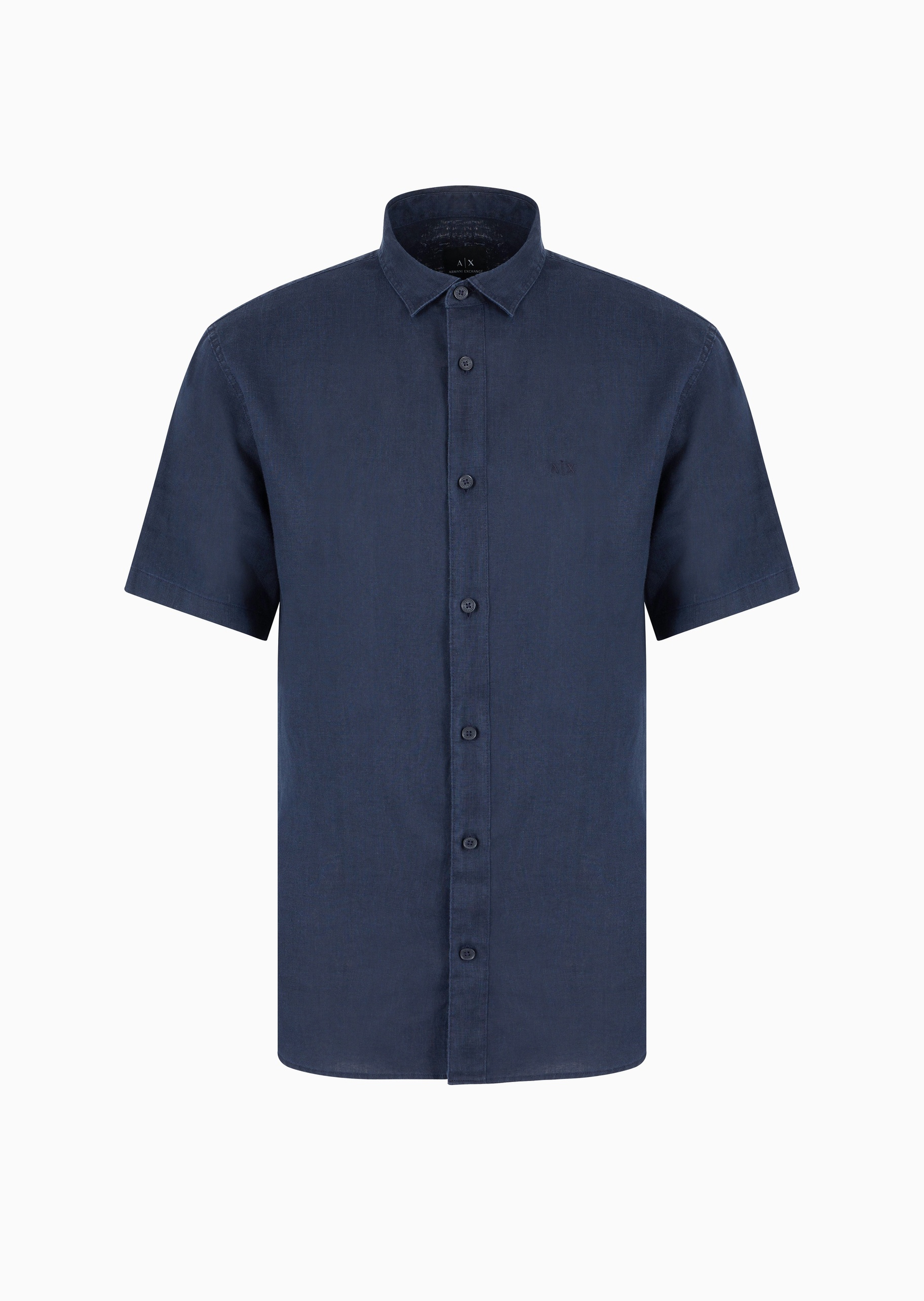 ARMANI EXCHANGE 男士亚麻合身短袖翻领纽扣纯色衬衫