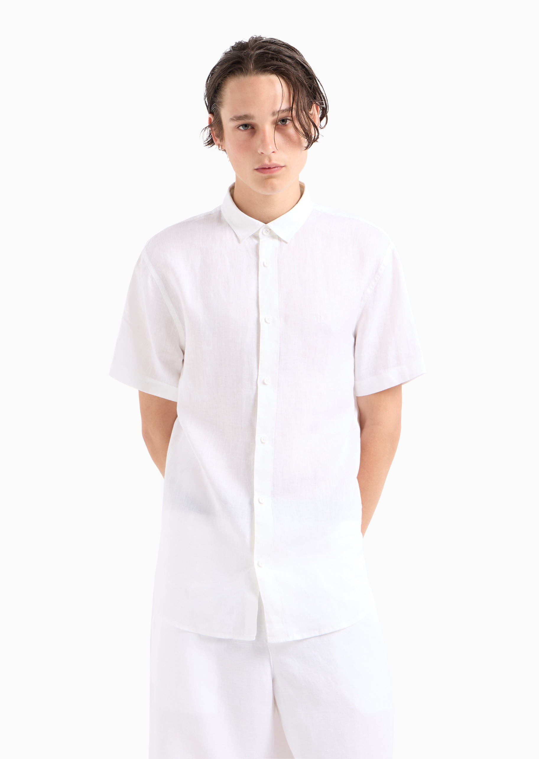 ARMANI EXCHANGE 男士亚麻合身短袖翻领纽扣纯色衬衫