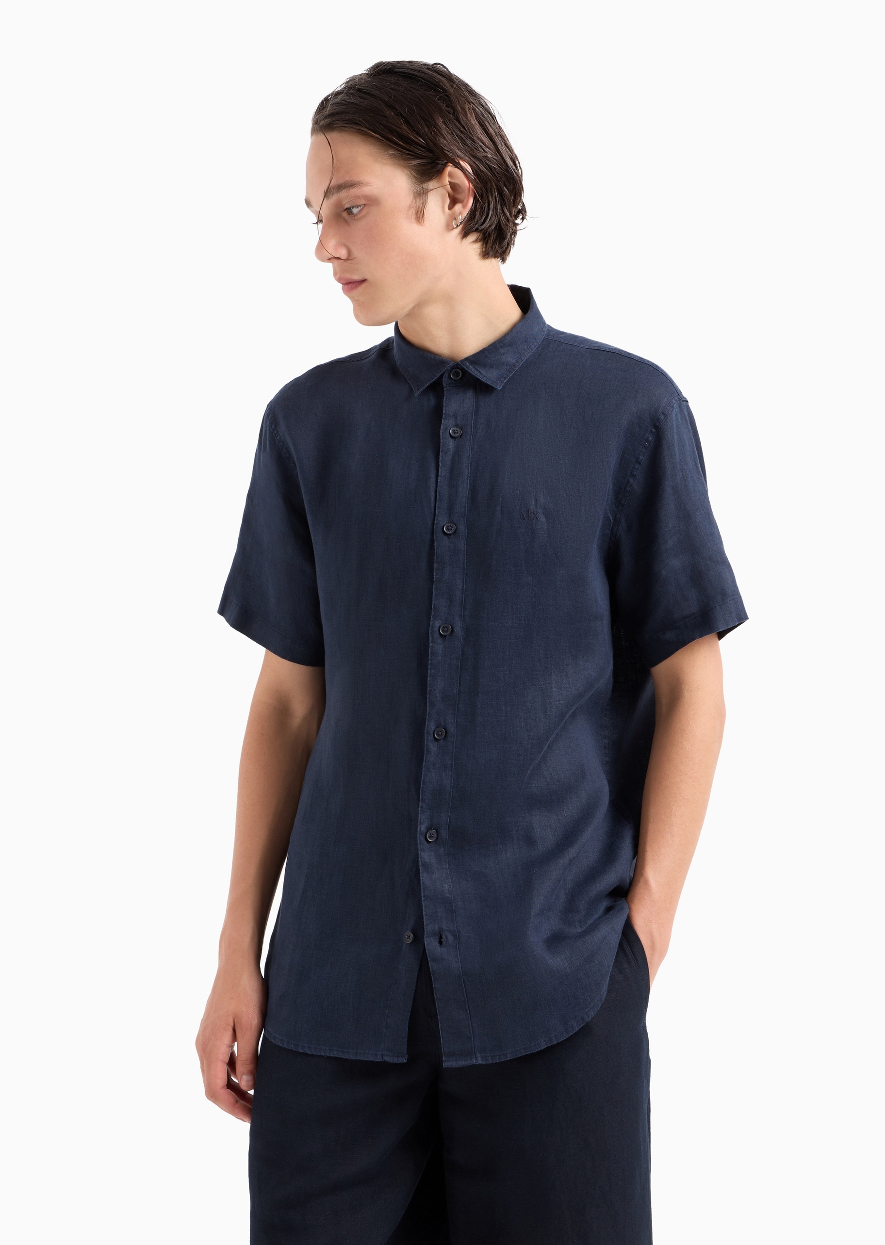 ARMANI EXCHANGE 男士亚麻合身短袖翻领纽扣纯色衬衫