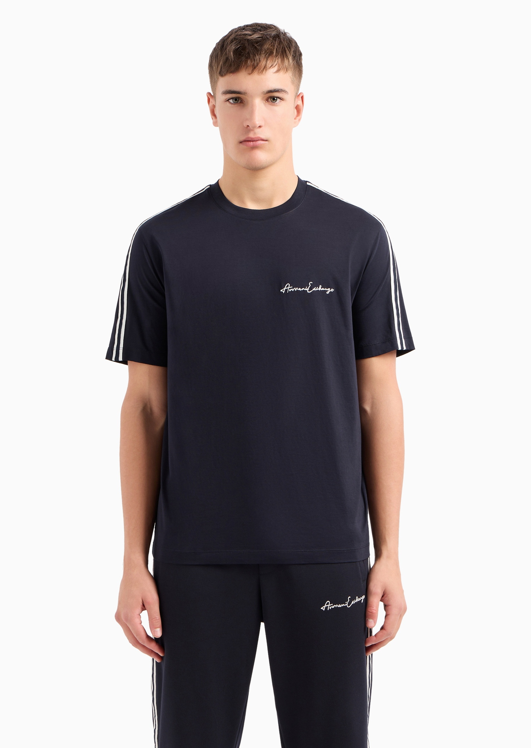 ARMANI EXCHANGE 男士全棉宽松短袖圆领饰带休闲T恤