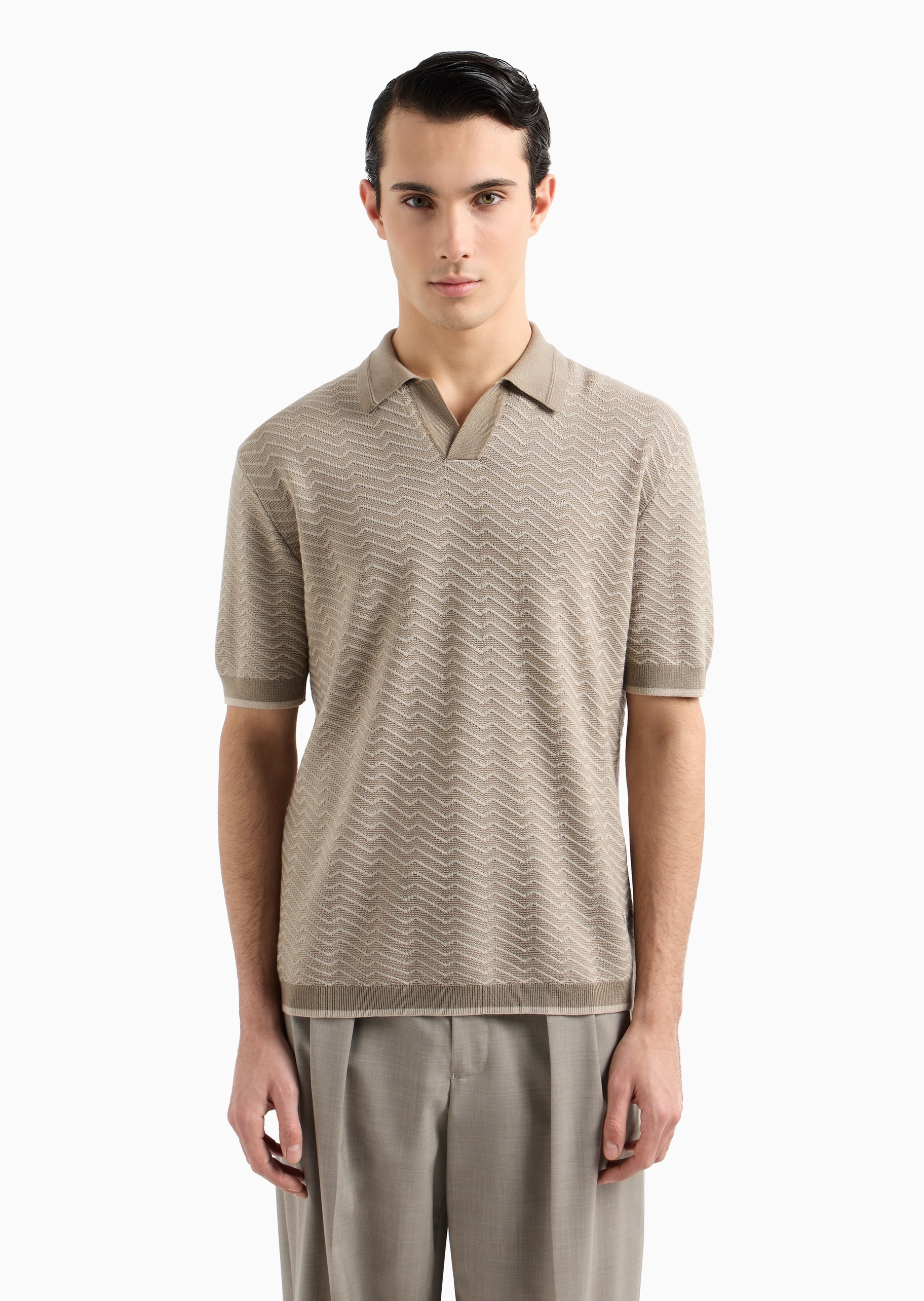 Emporio Armani 男士短袖翻领半开襟条纹提花针织Polo衫