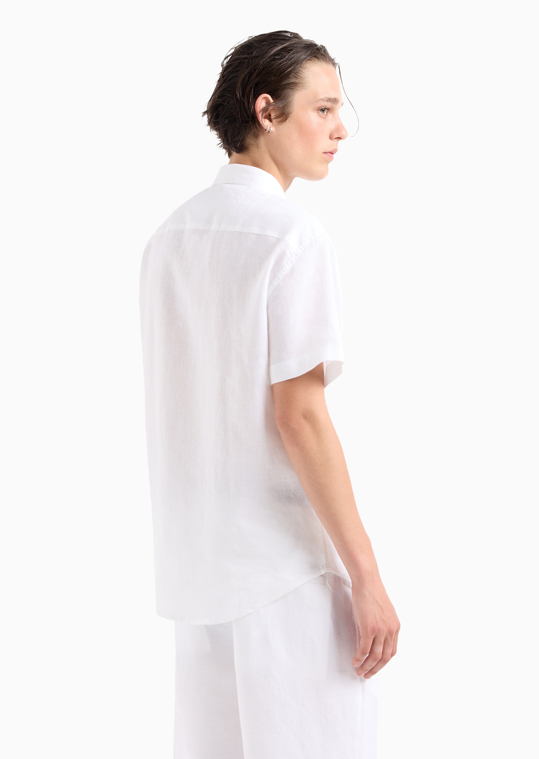 ARMANI EXCHANGE 男士亚麻合身短袖翻领纽扣纯色衬衫