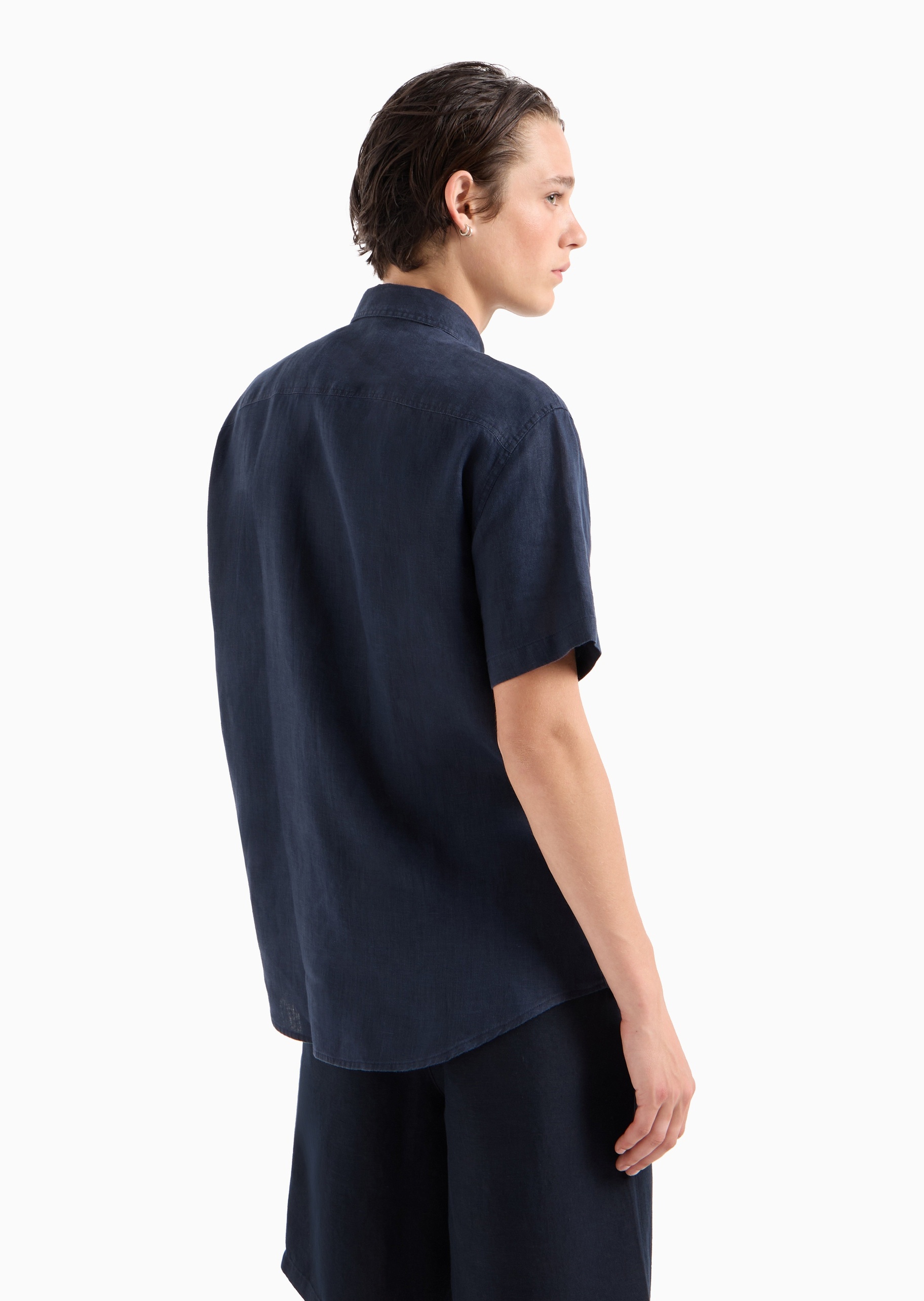 ARMANI EXCHANGE 男士亚麻合身短袖翻领纽扣纯色衬衫