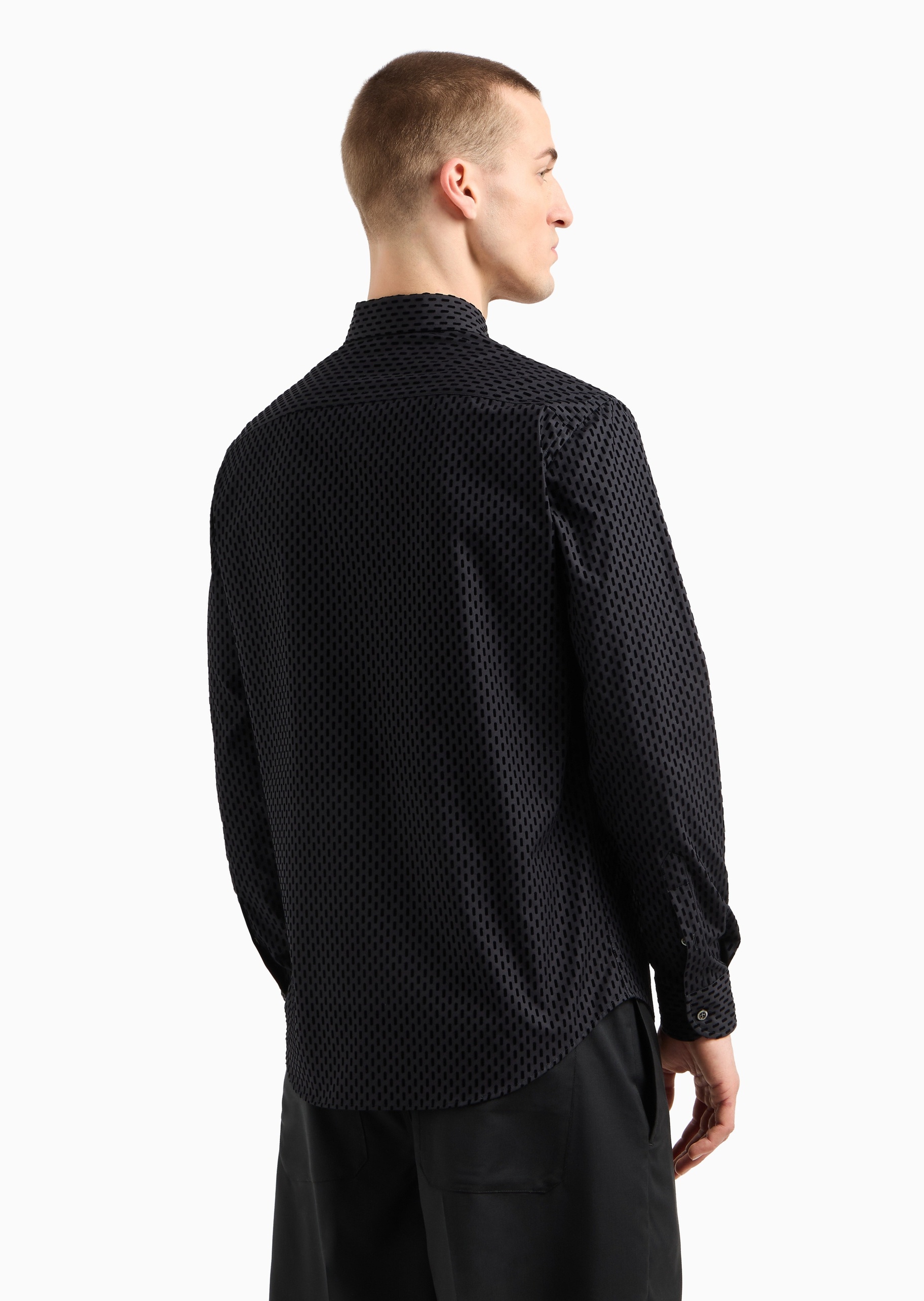 Emporio Armani 男士全棉合身长袖翻领通体植绒印花衬衫
