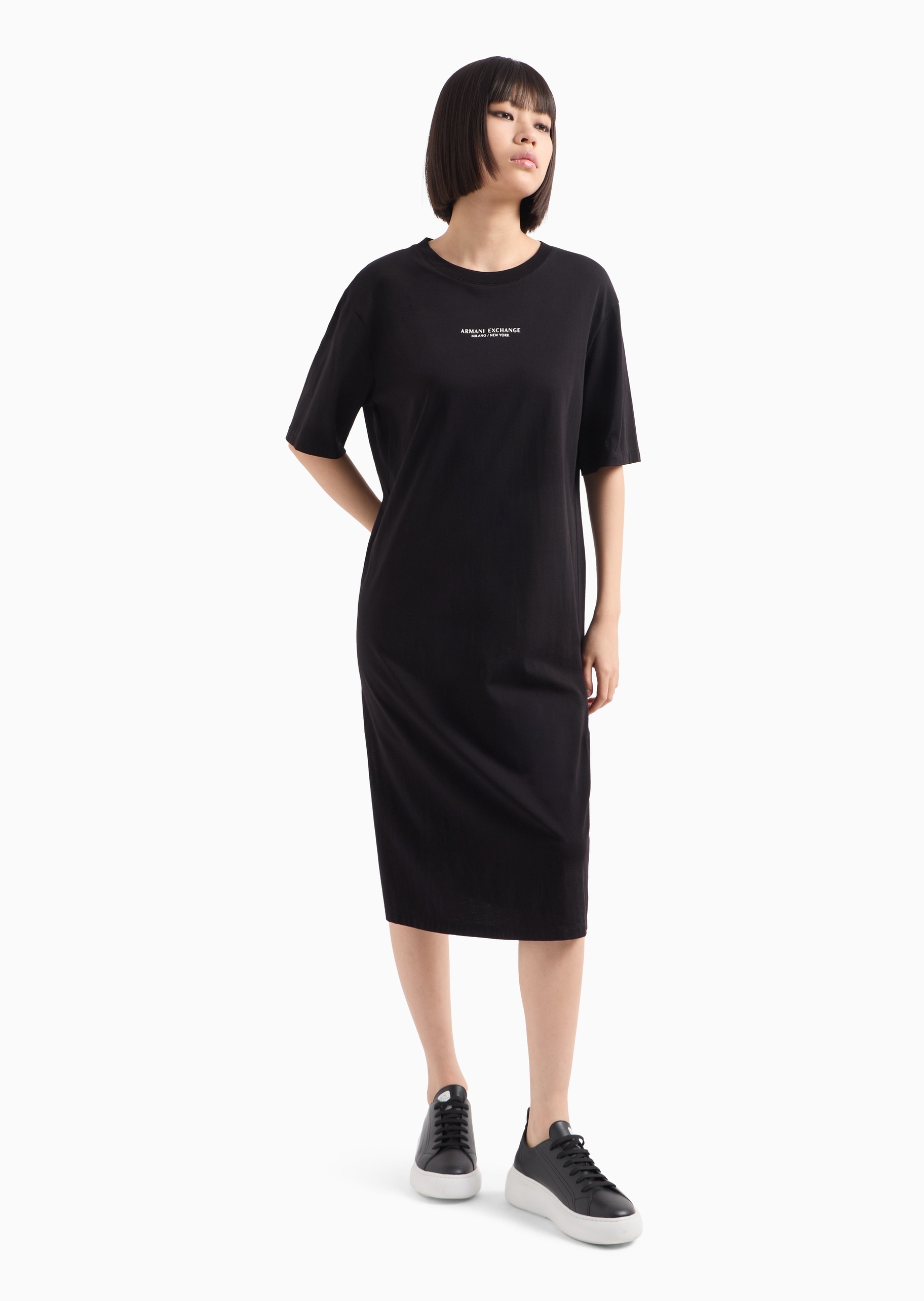 ARMANI EXCHANGE 女士全棉合身中袖圆领开衩下摆连衣裙