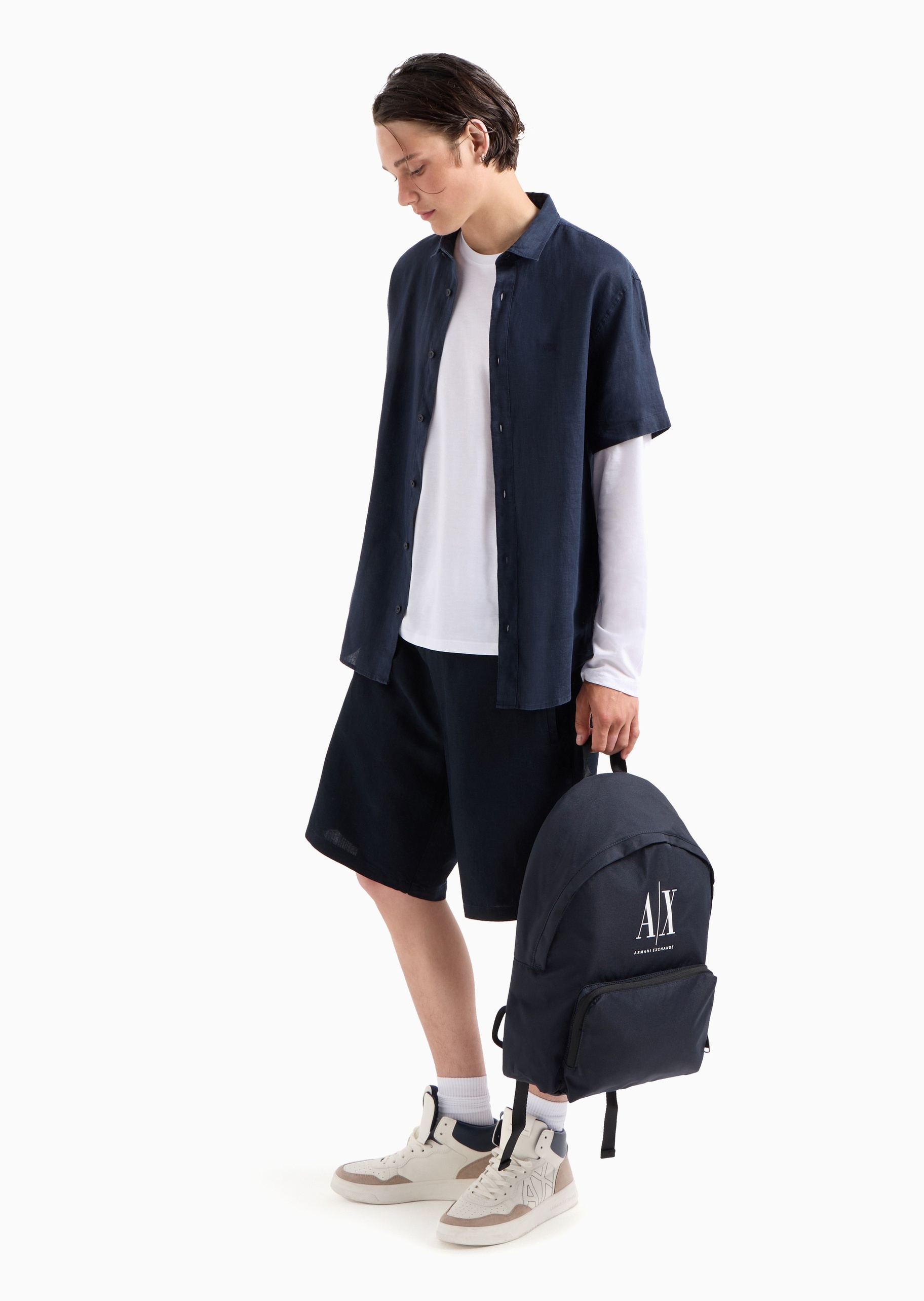 ARMANI EXCHANGE 男士亚麻合身短袖翻领纽扣纯色衬衫