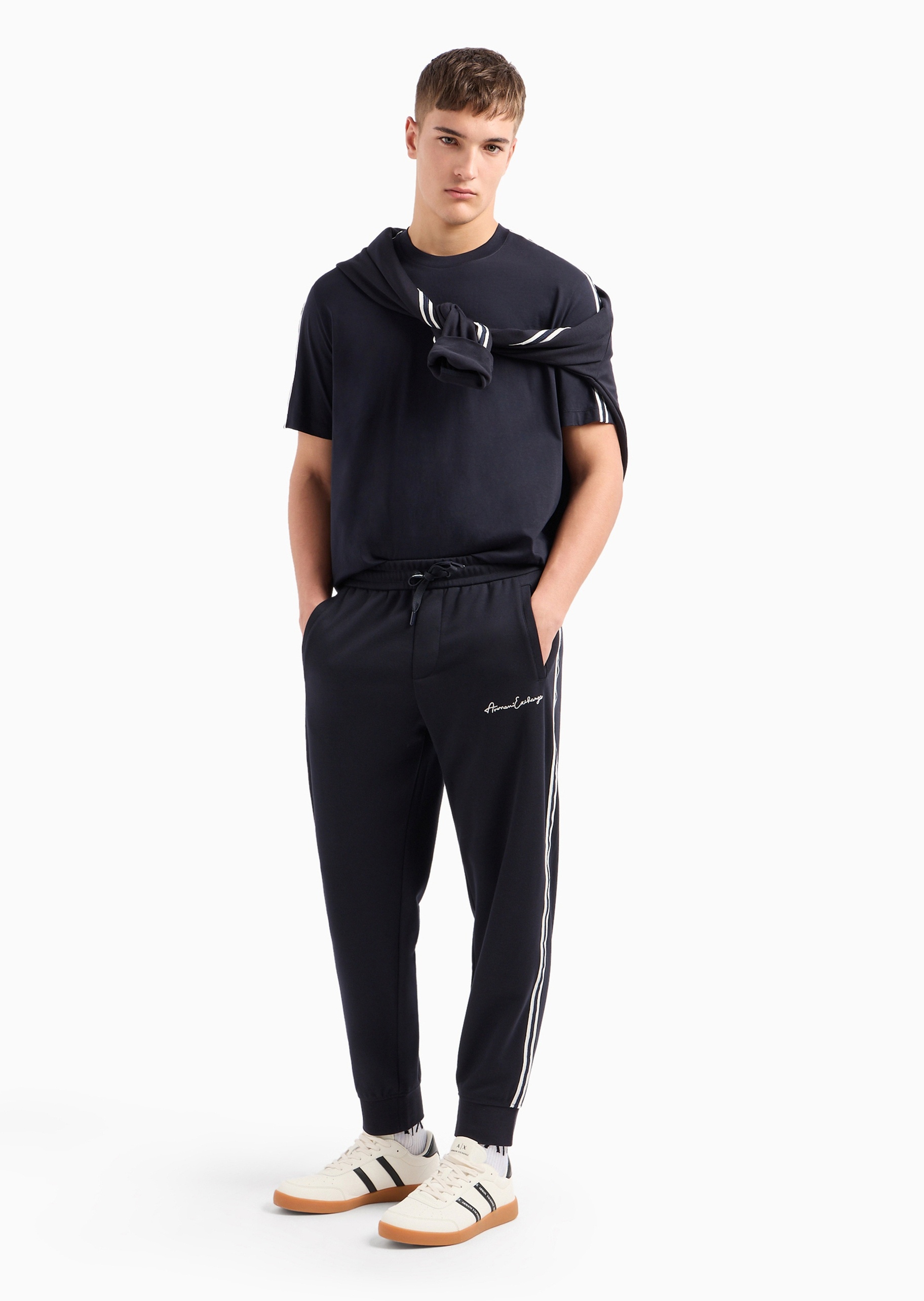 ARMANI EXCHANGE 男士全棉宽松短袖圆领饰带休闲T恤