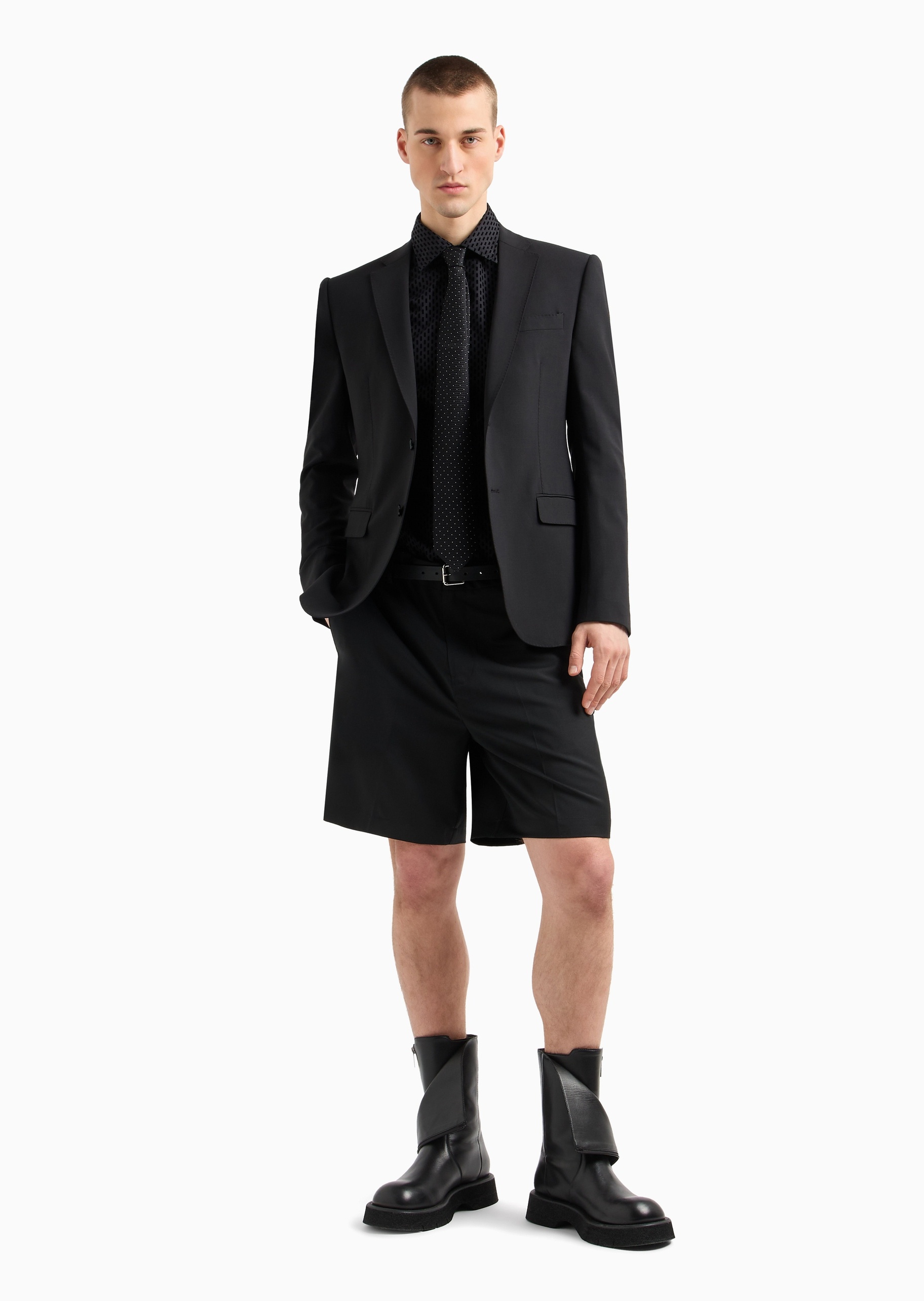 Emporio Armani 男士全棉合身长袖翻领通体植绒印花衬衫