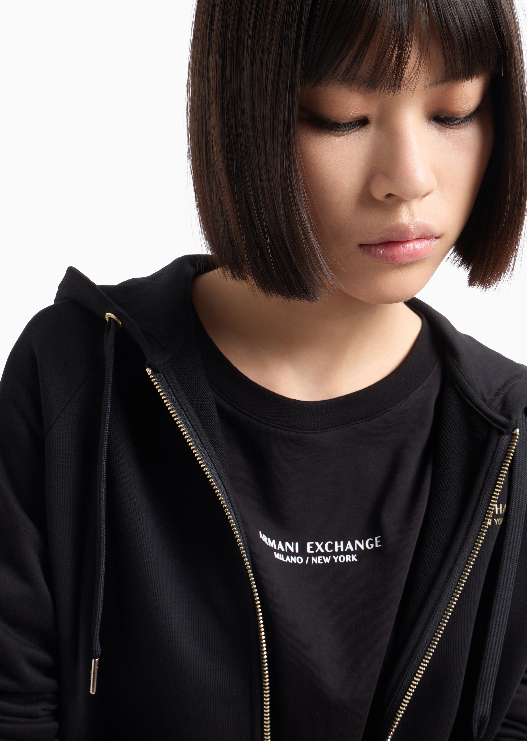 ARMANI EXCHANGE 女士全棉合身中袖圆领开衩下摆连衣裙
