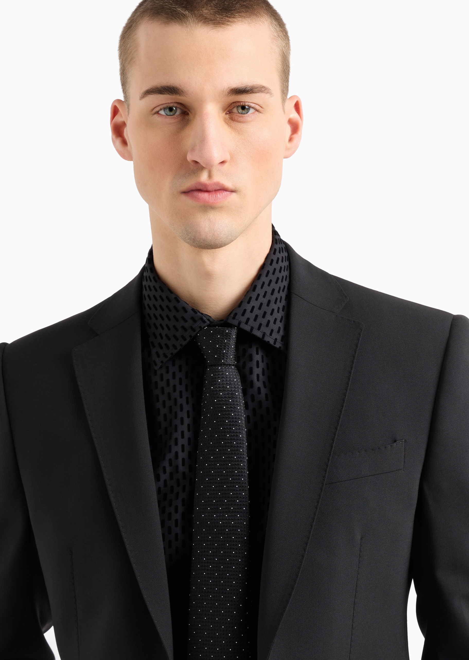 Emporio Armani 男士全棉合身长袖翻领通体植绒印花衬衫