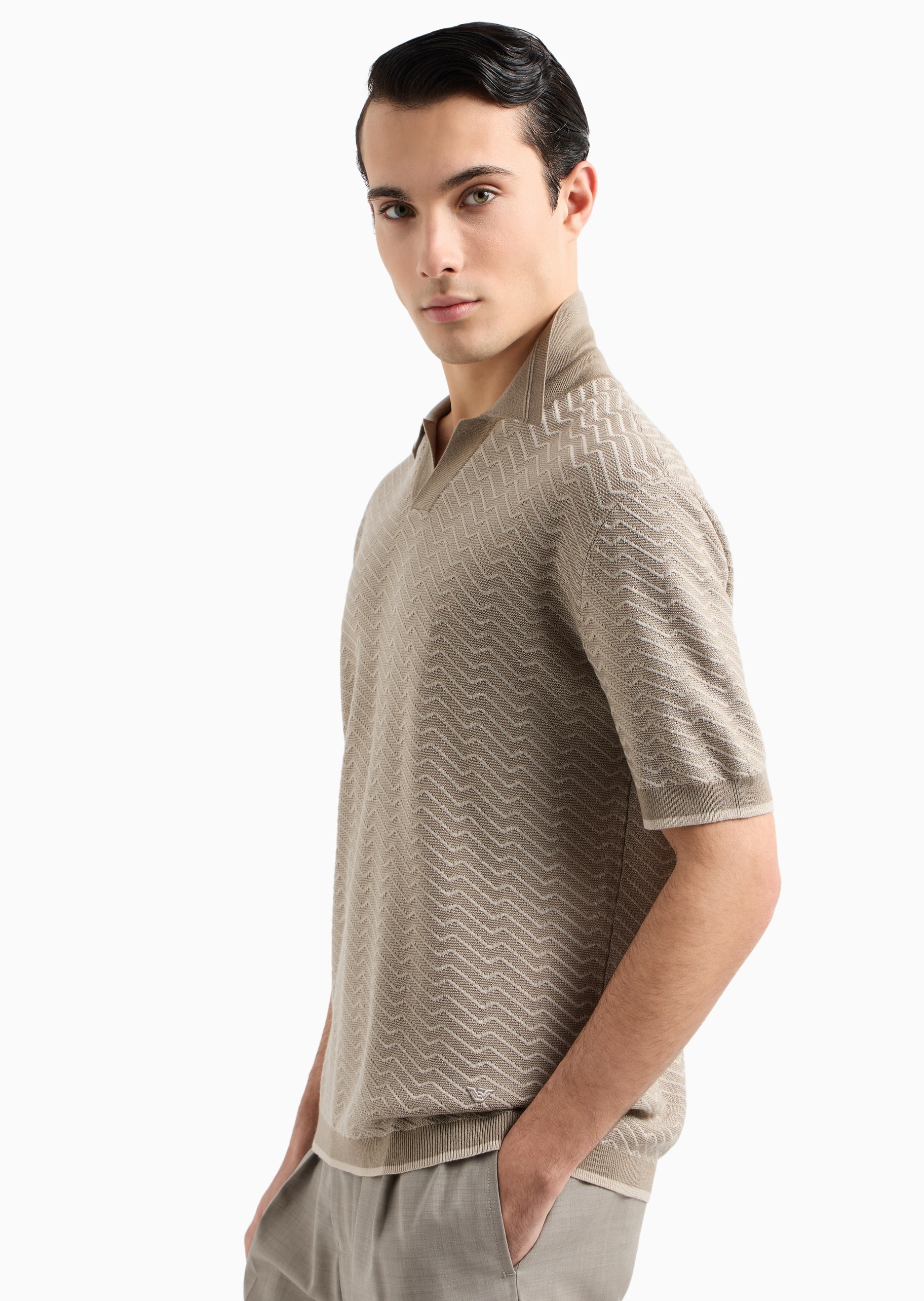 Emporio Armani 男士短袖翻领半开襟条纹提花针织Polo衫