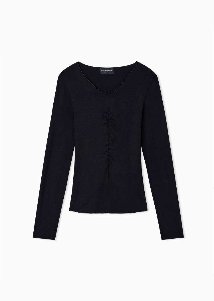 Emporio Armani 女士长袖V领捏褶纯色优雅时尚针织衫