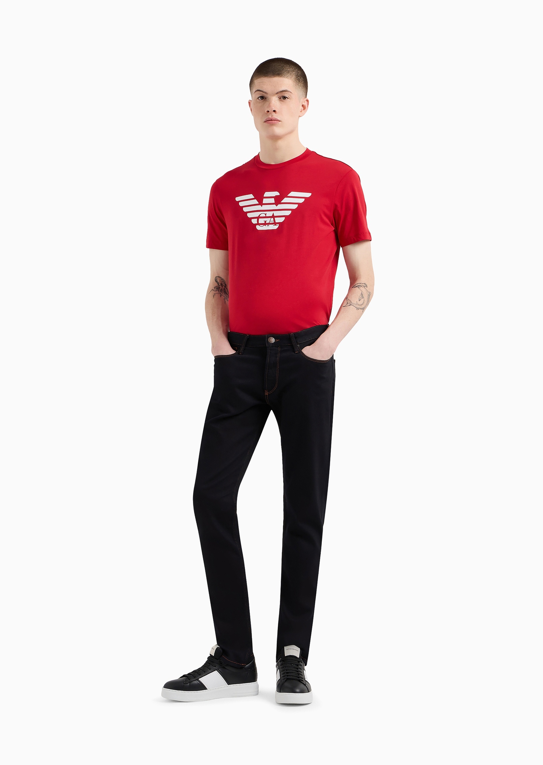 Emporio Armani 男士纯棉微弹修身低腰长款直筒小直脚牛仔裤