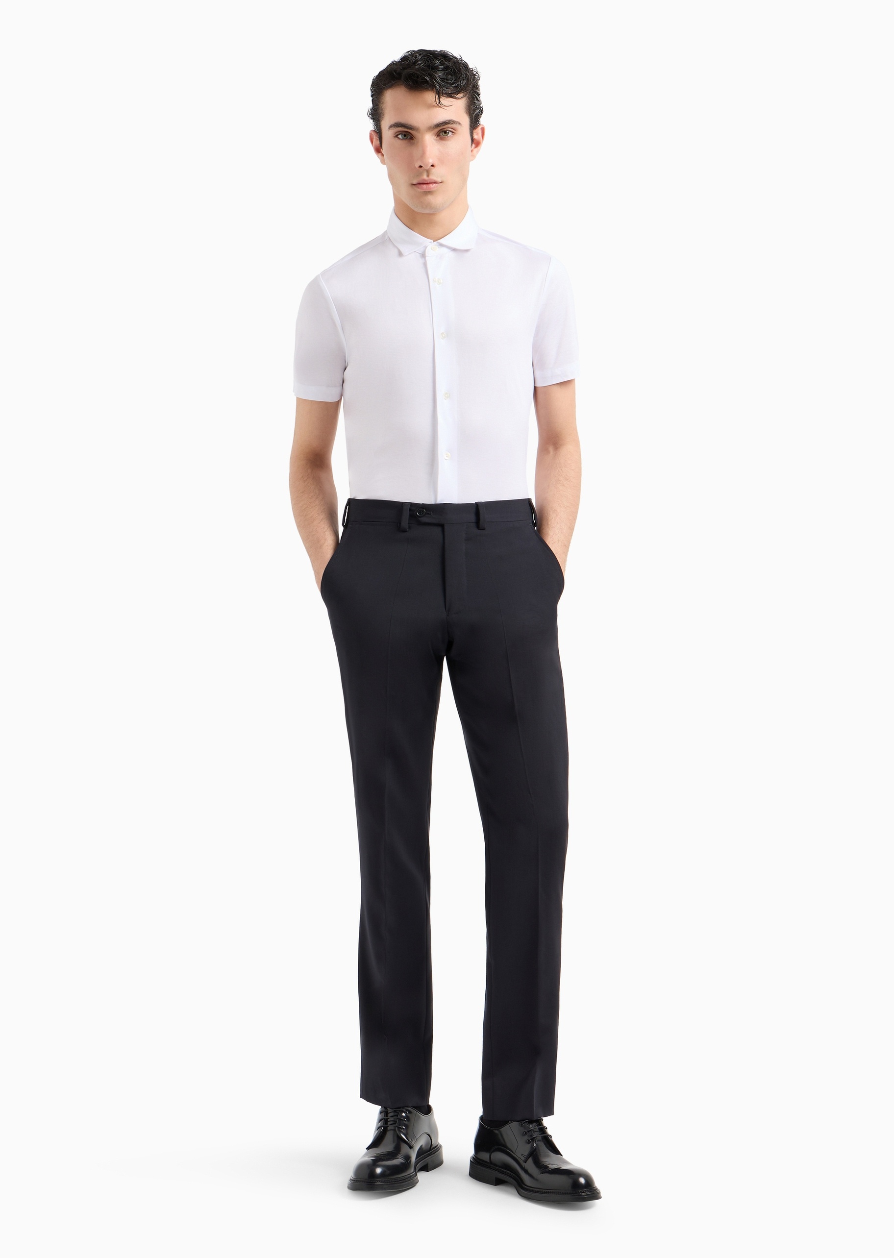 Emporio Armani 男士莱赛尔合身短袖翻领休闲衬衫