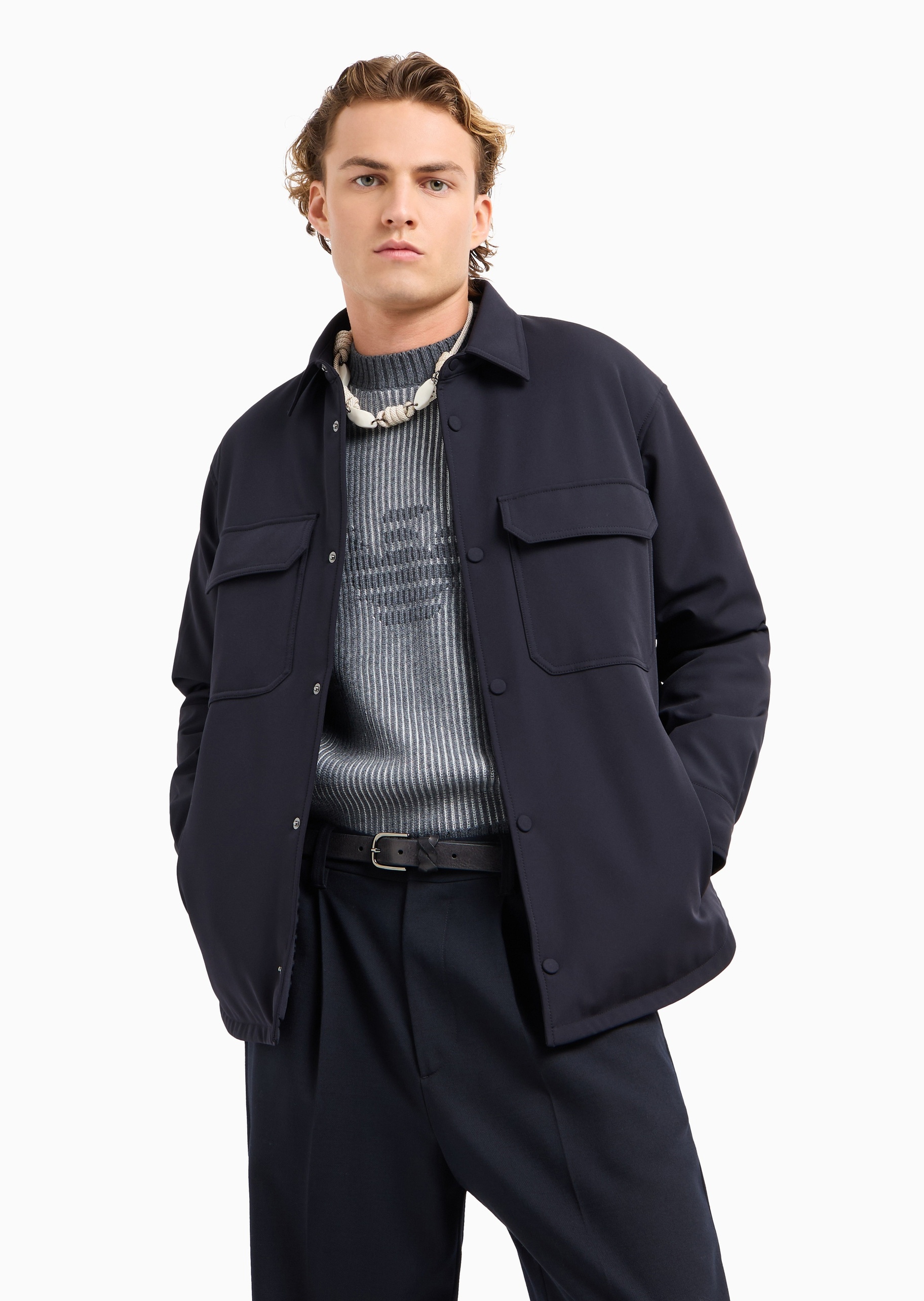 Emporio Armani 男士合身长袖翻领按扣门襟衬衫式棉服外套