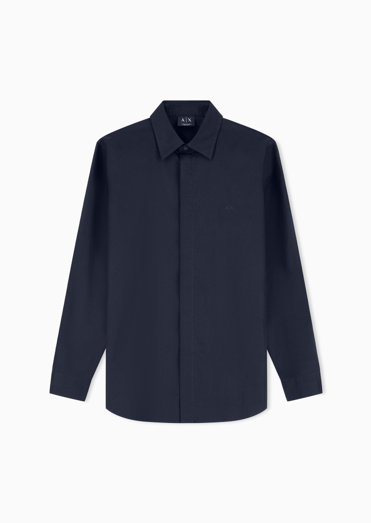 ARMANI EXCHANGE 男士纯棉长袖翻领暗门襟休闲刺绣衬衫