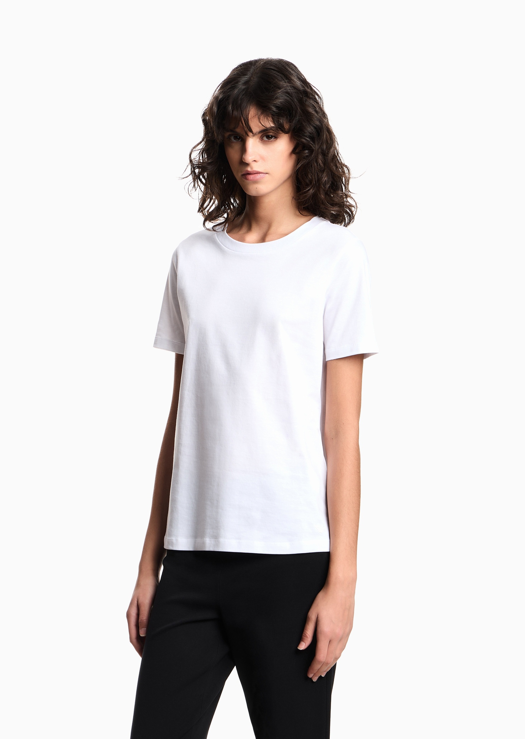 Emporio Armani 女士纯棉合身短袖圆领纯色刺绣T恤