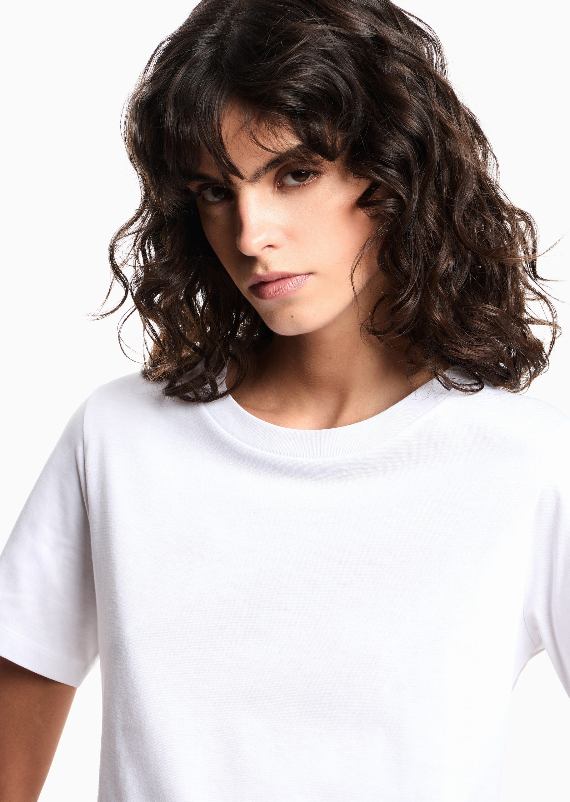 Emporio Armani 女士纯棉合身短袖圆领纯色刺绣T恤